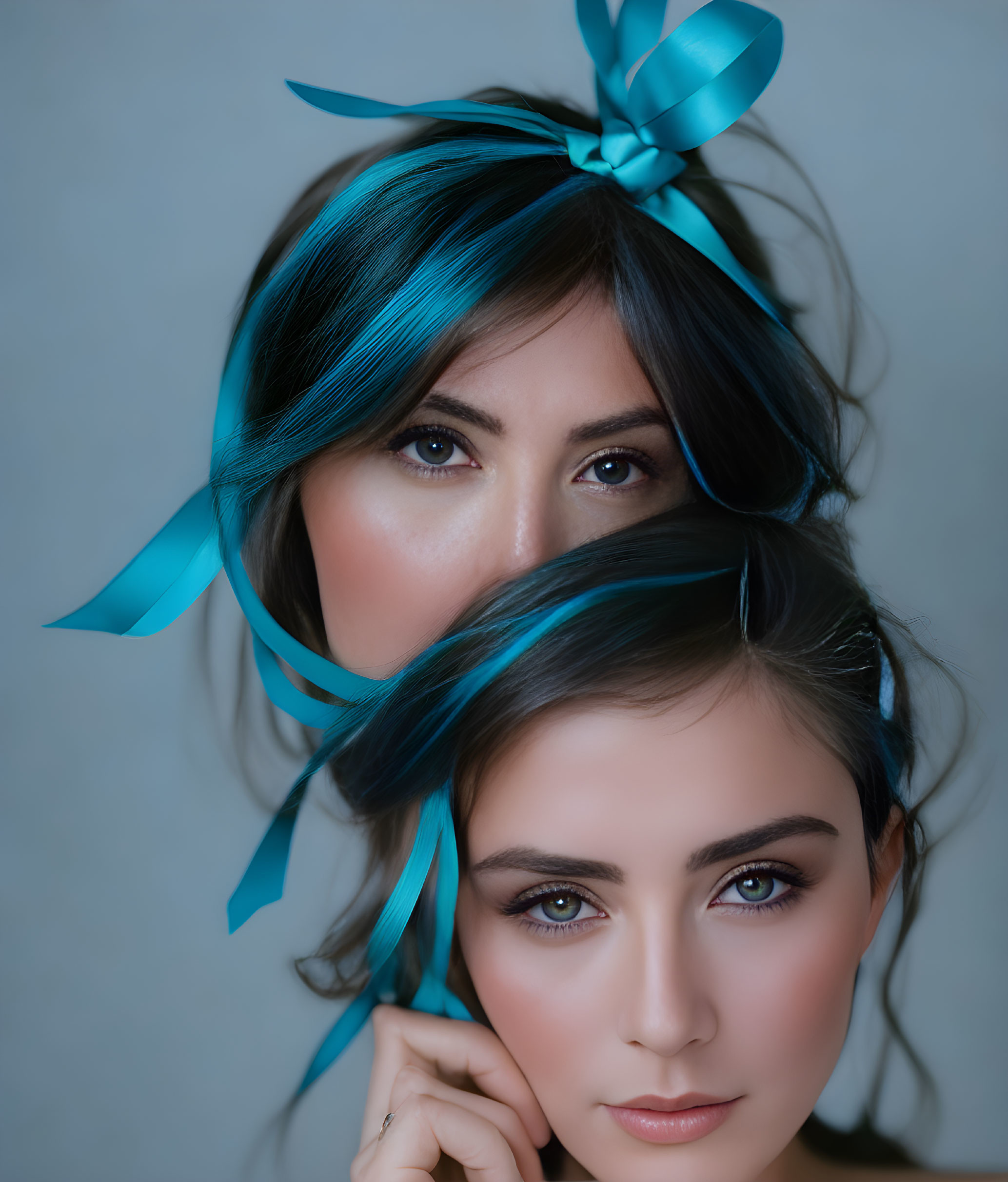 Two women with blue ribbon accessories and striking makeup showcase clear blue eyes