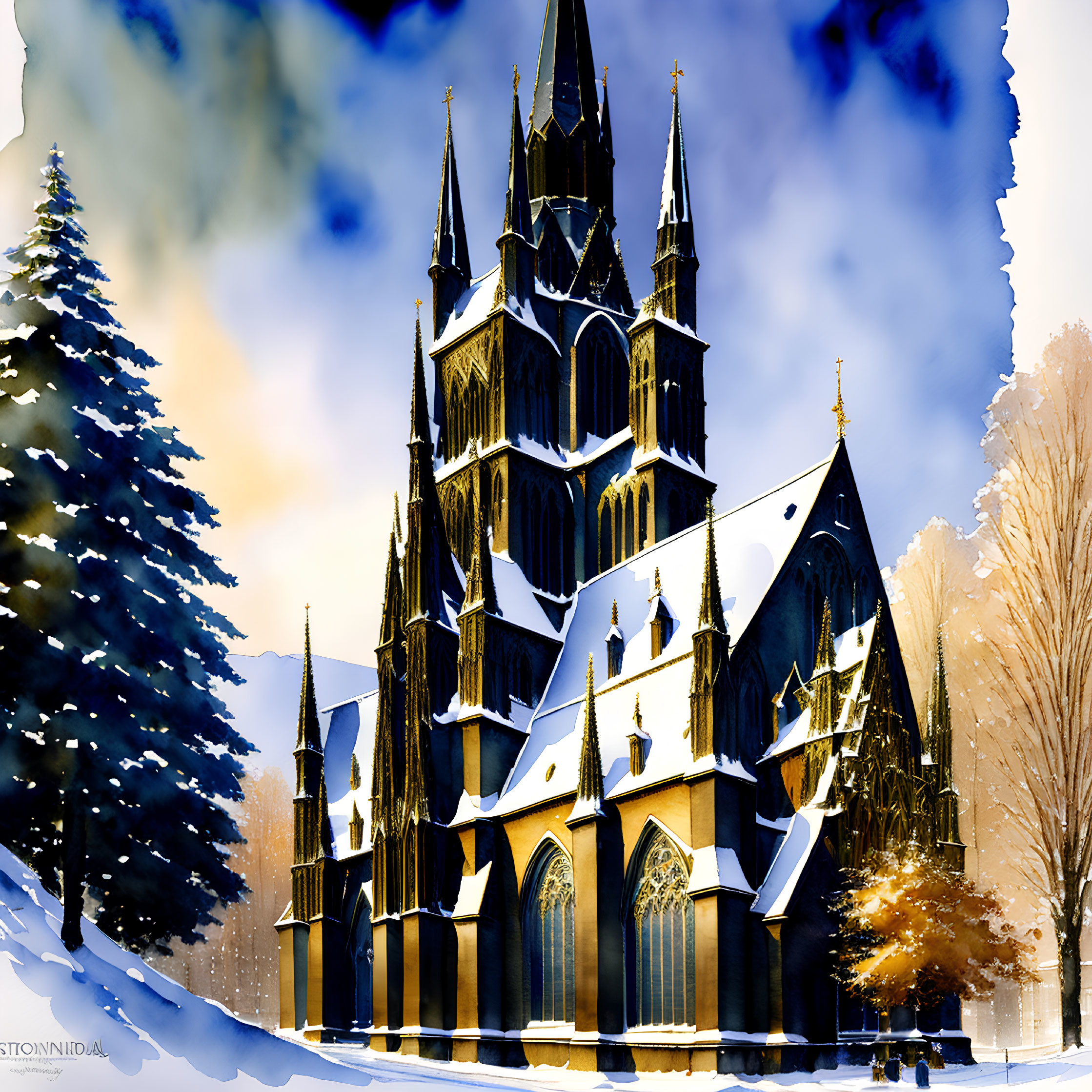 Snow-covered Gothic cathedral in vibrant colors under clear blue sky