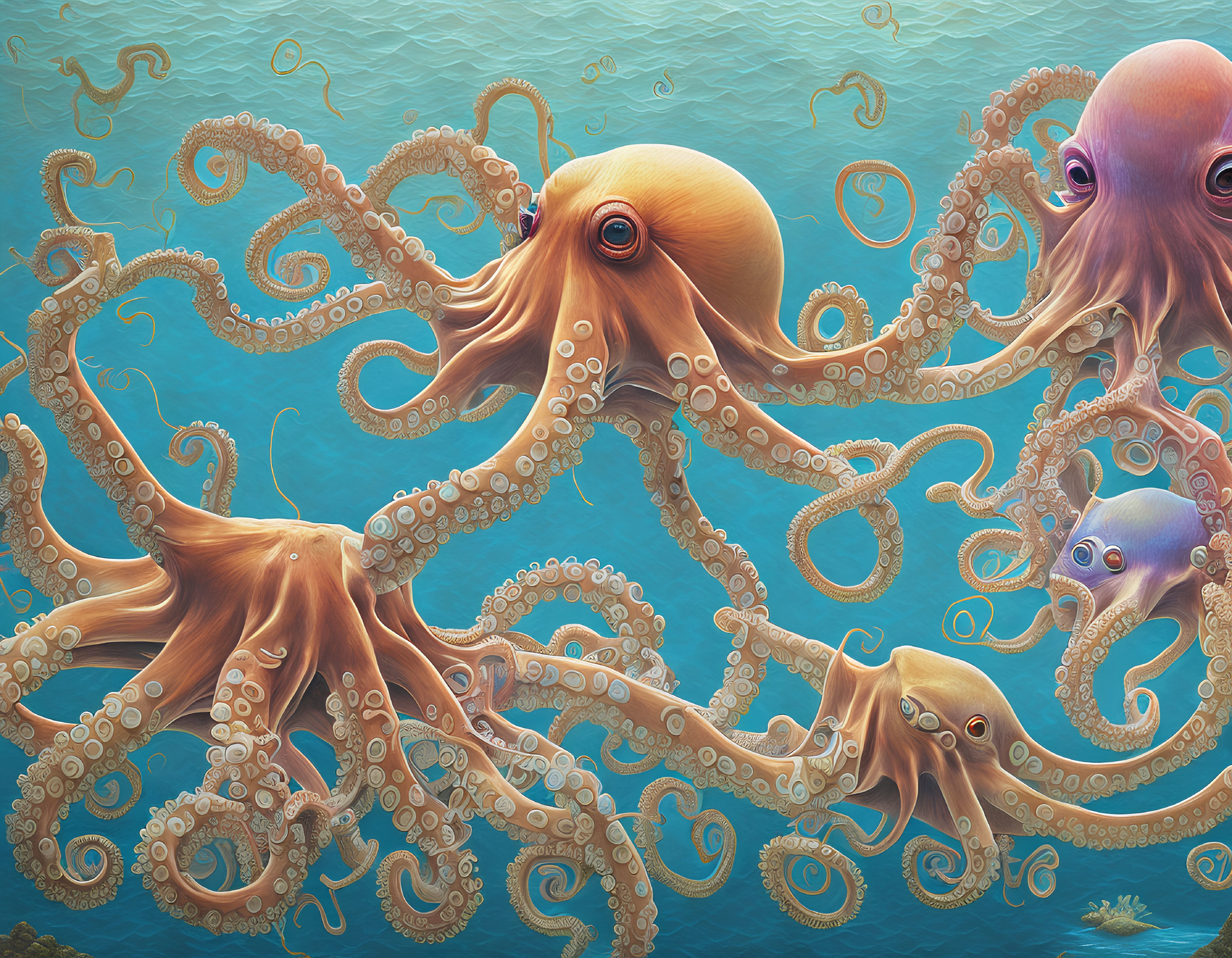 Detailed Digital Illustration of Octopuses in Blue Aquatic Scene