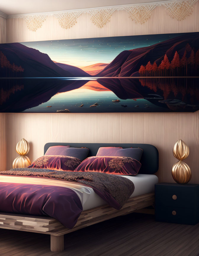 Modern Bedroom with Double Bed, Purple Bedding, Sunset Wall Mural, and Elegant Lamps