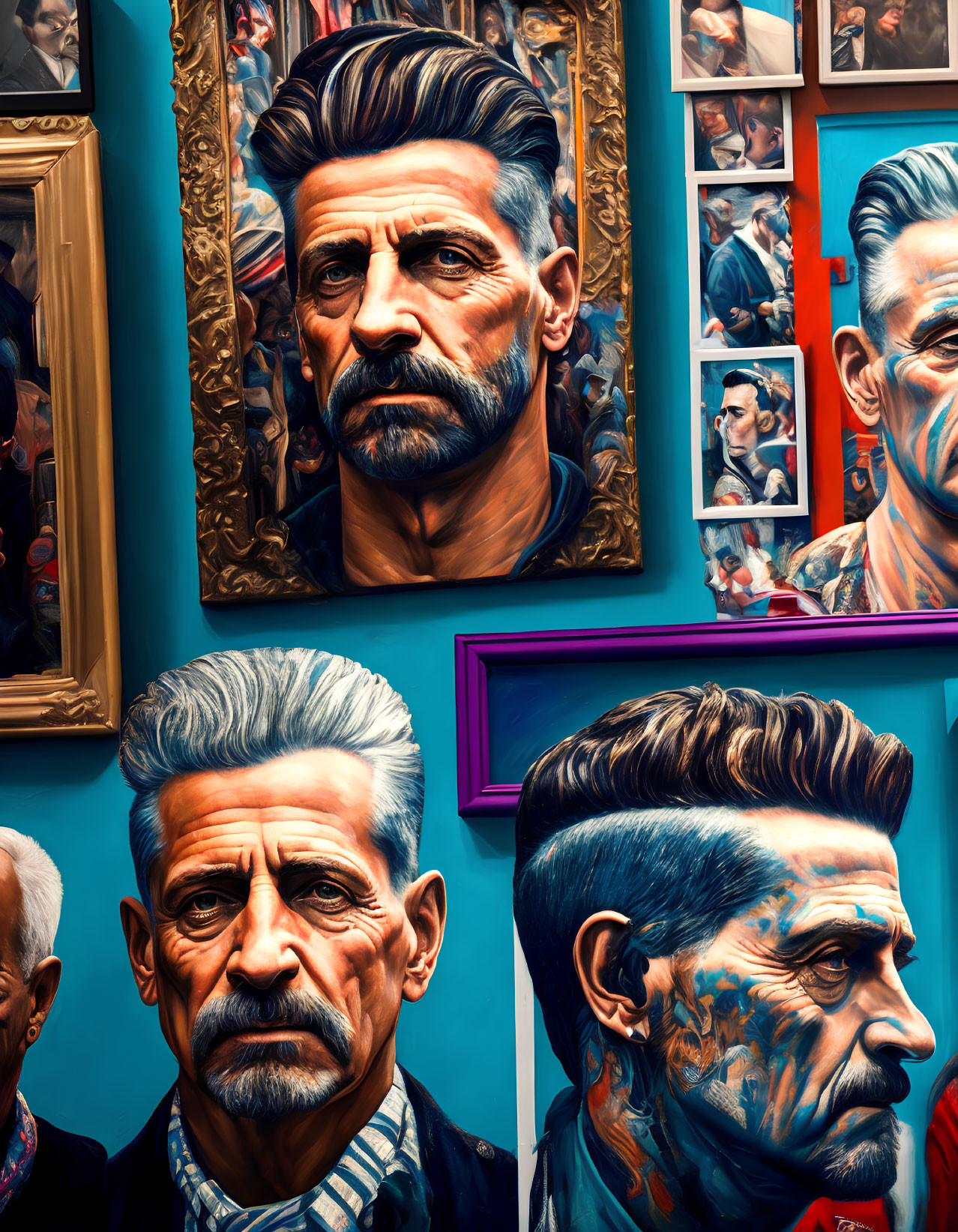 Man with Stylized Hair and Mustache Portraits on Blue Wall