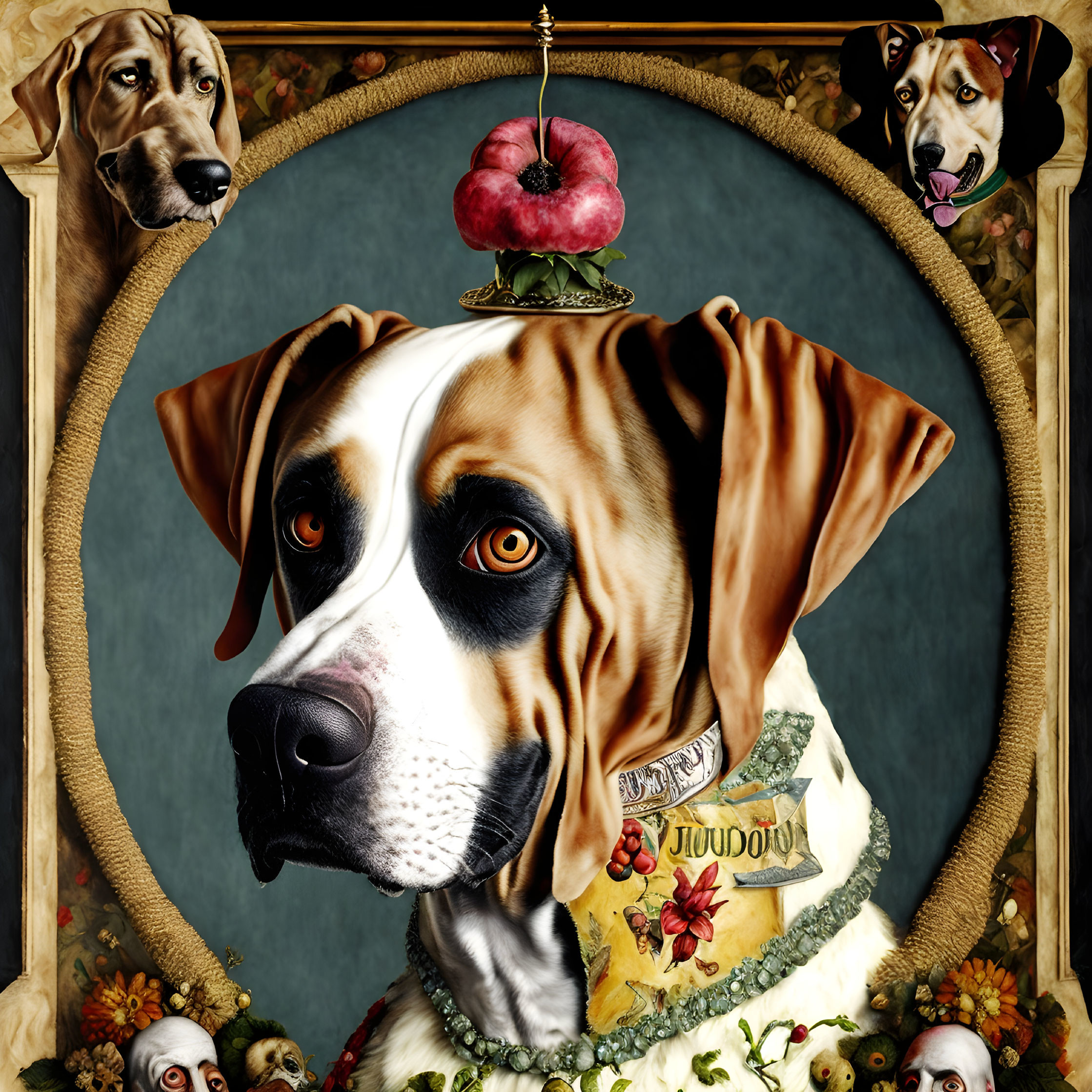 Regal dog with fruit hat in ornate frame, surrounded by peeking dogs