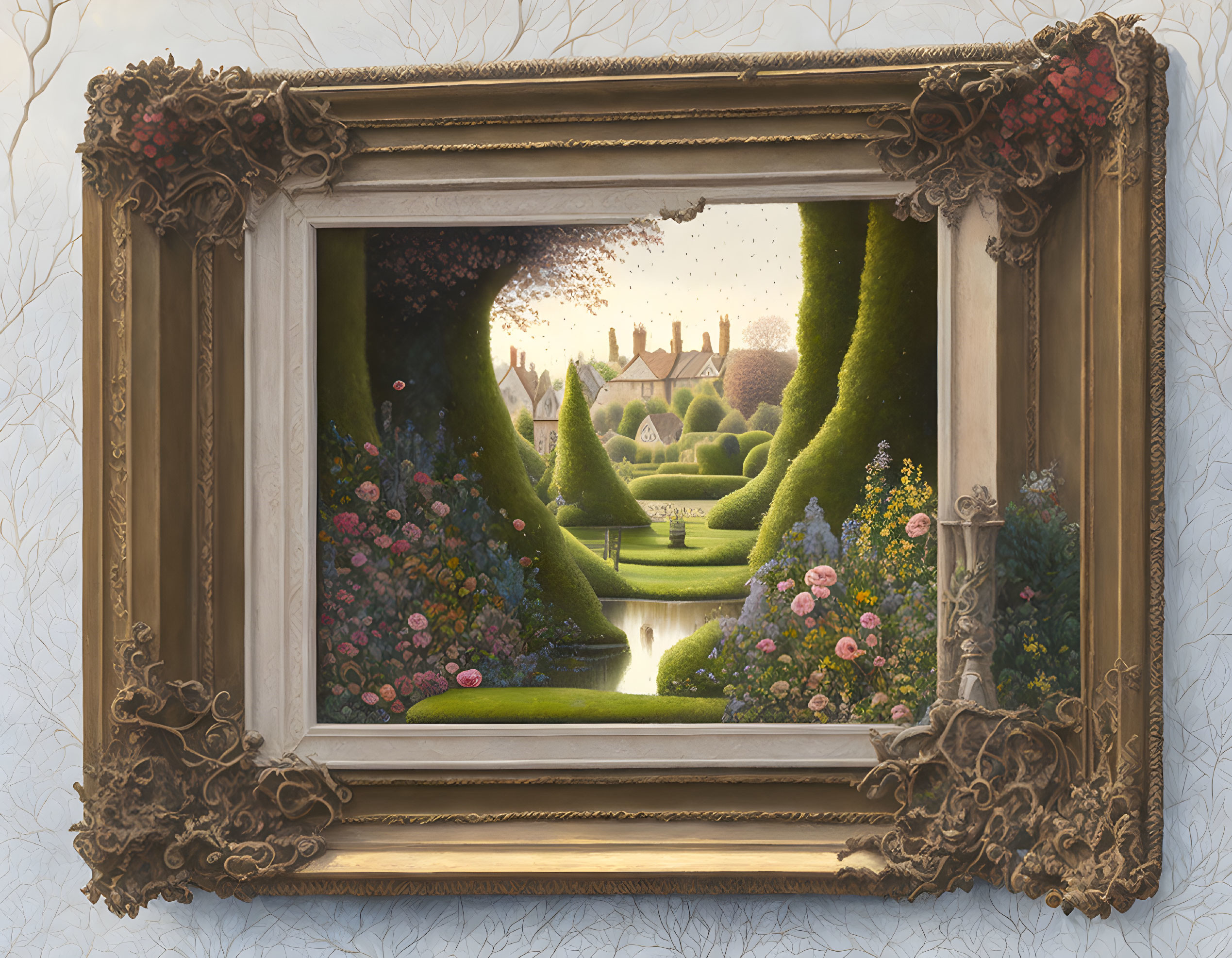 Ornate framed painting of a lush garden with hedges, path, flowers, pond, and