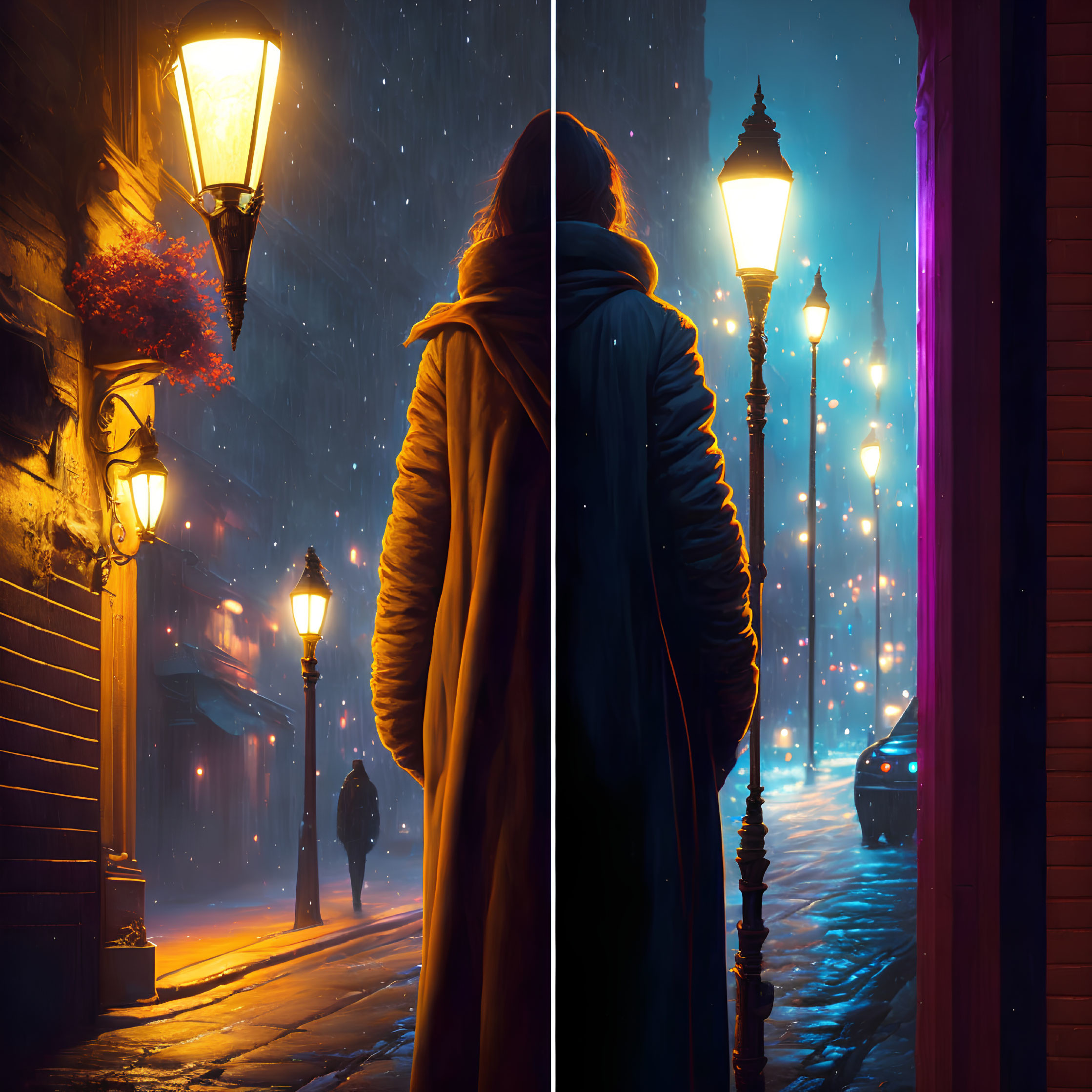 Split scene: Person in coat under yellow streetlights in snowfall, and blue lights with floating sparks