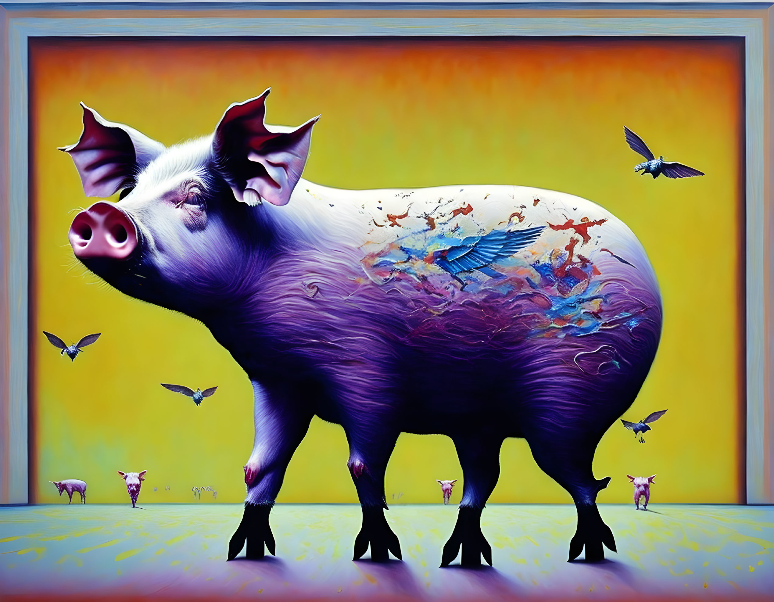 Surreal pig art with blue paint splash and flying bird motifs