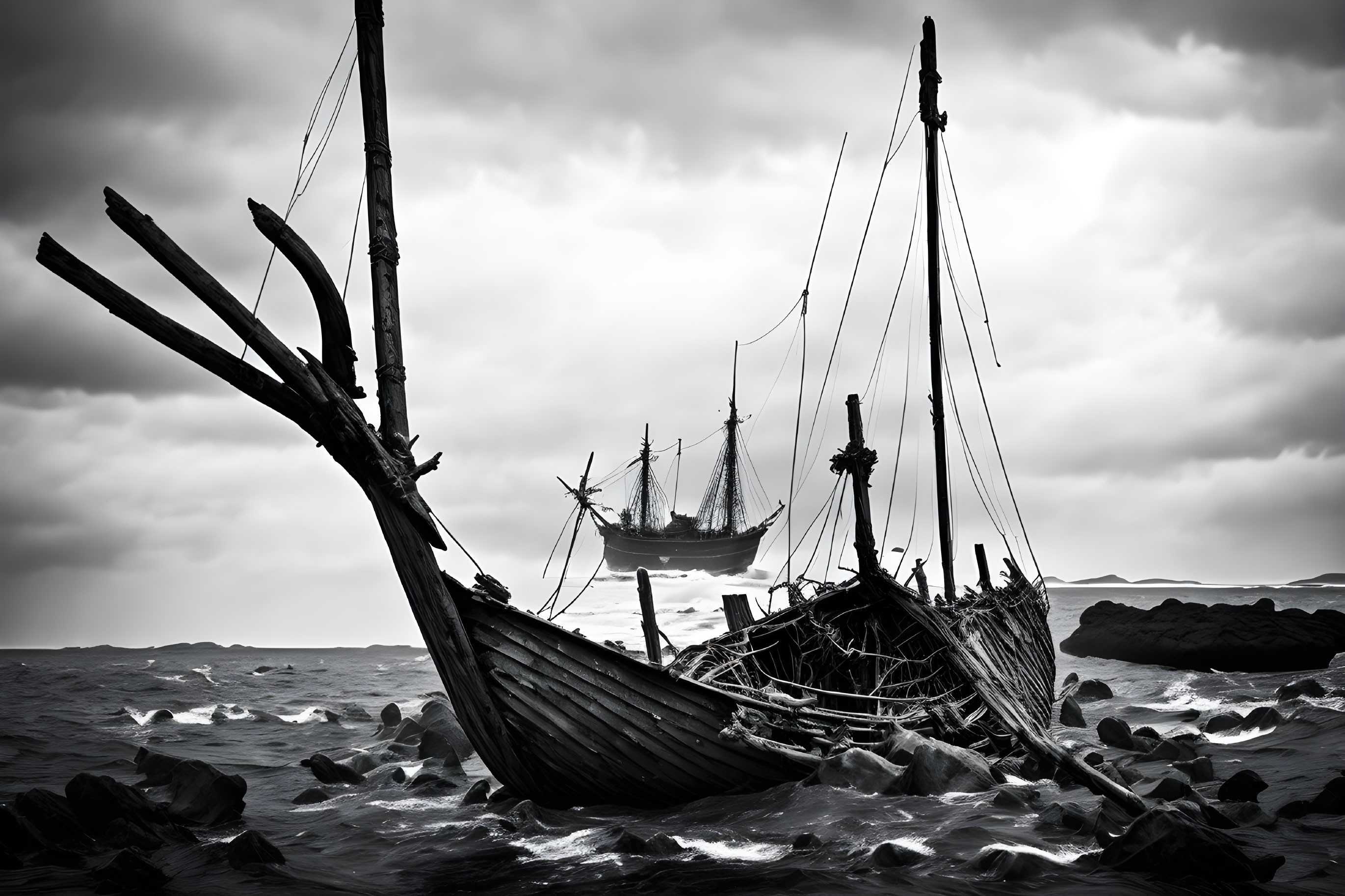 Weathered Shipwreck on Rocky Shore with Crashing Waves