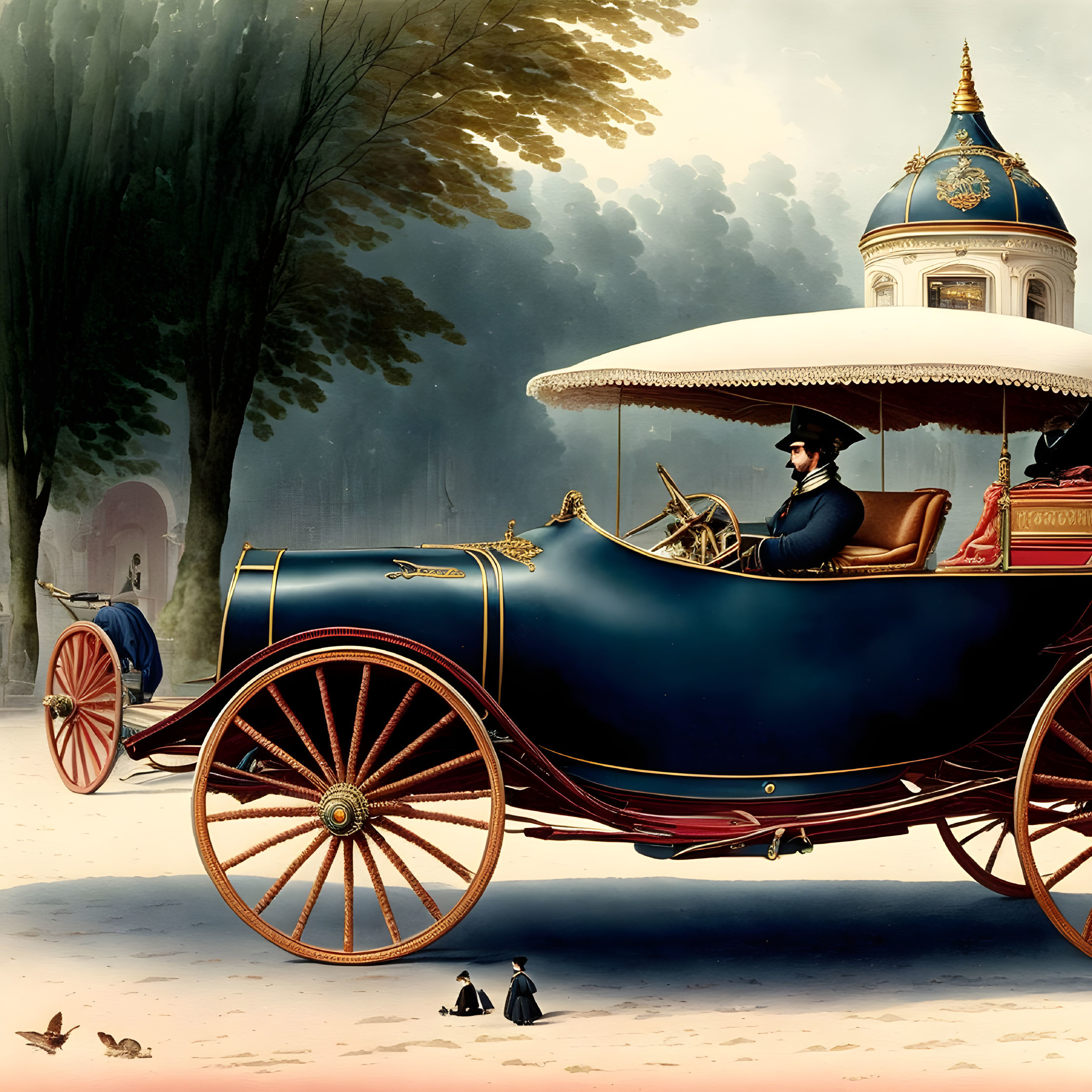 Vintage illustration of ornate blue carriage with large spoke wheels and man in black attire, surrounded by birds