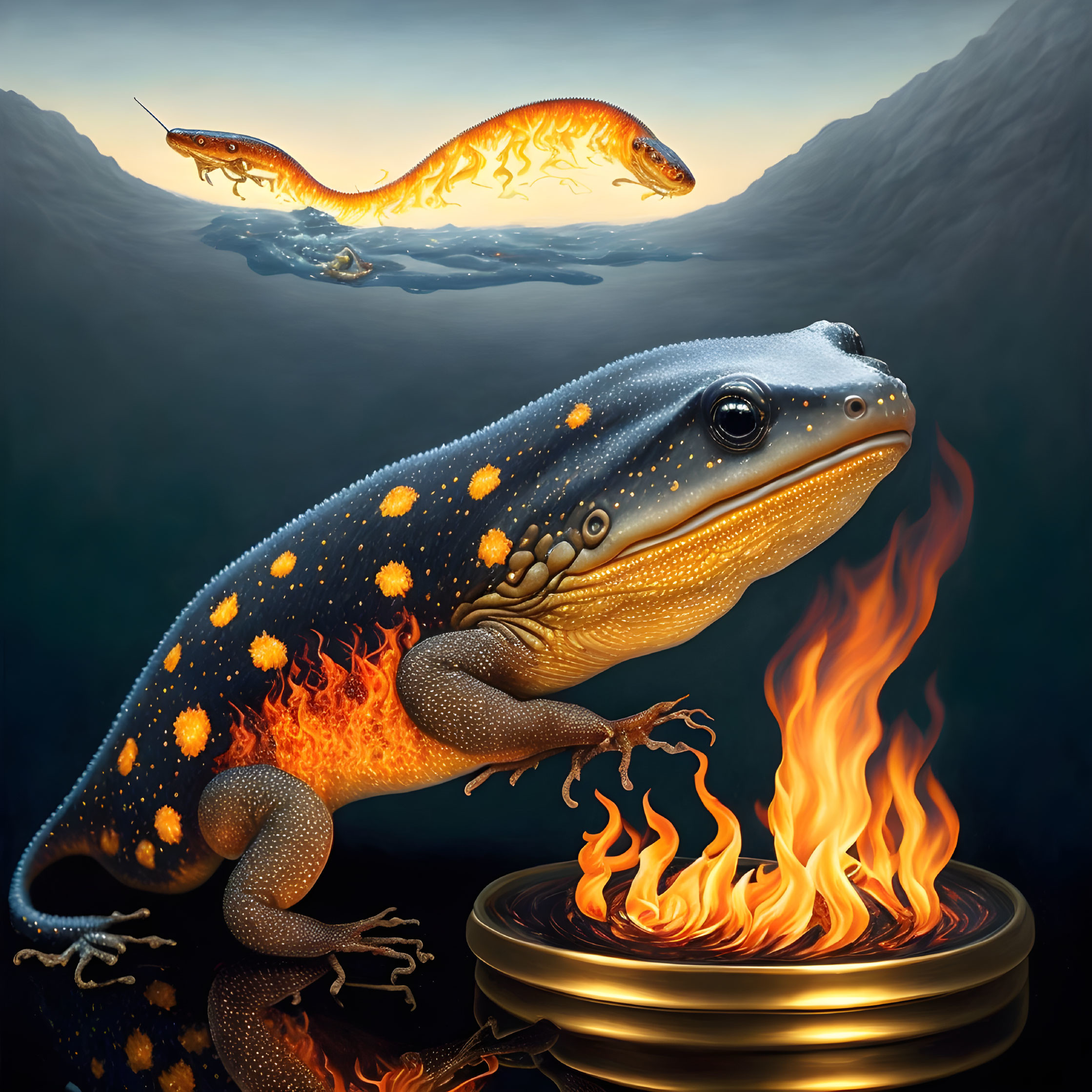 Illustration of fiery salamander on gold pedestal in underwater setting