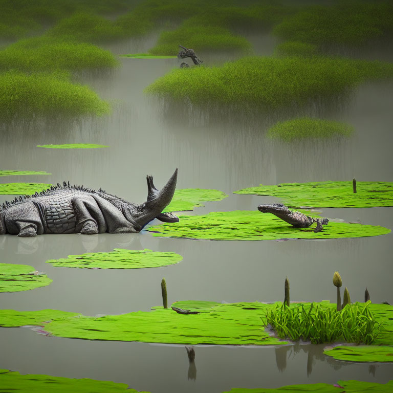 Two crocodiles by riverbank with water lilies and greenery