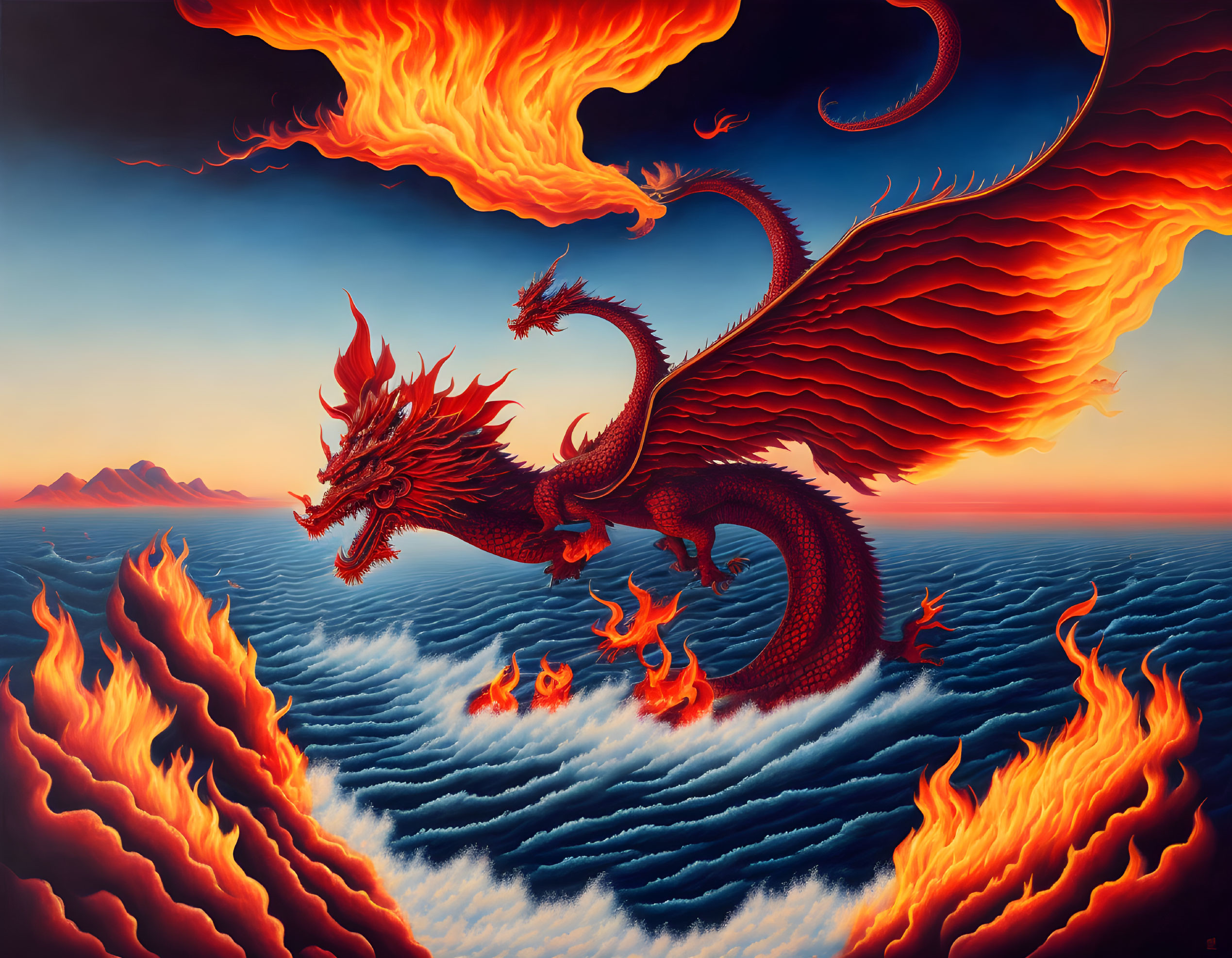 Vivid Red Dragon Soaring Over Ocean Waves and Fiery Sky