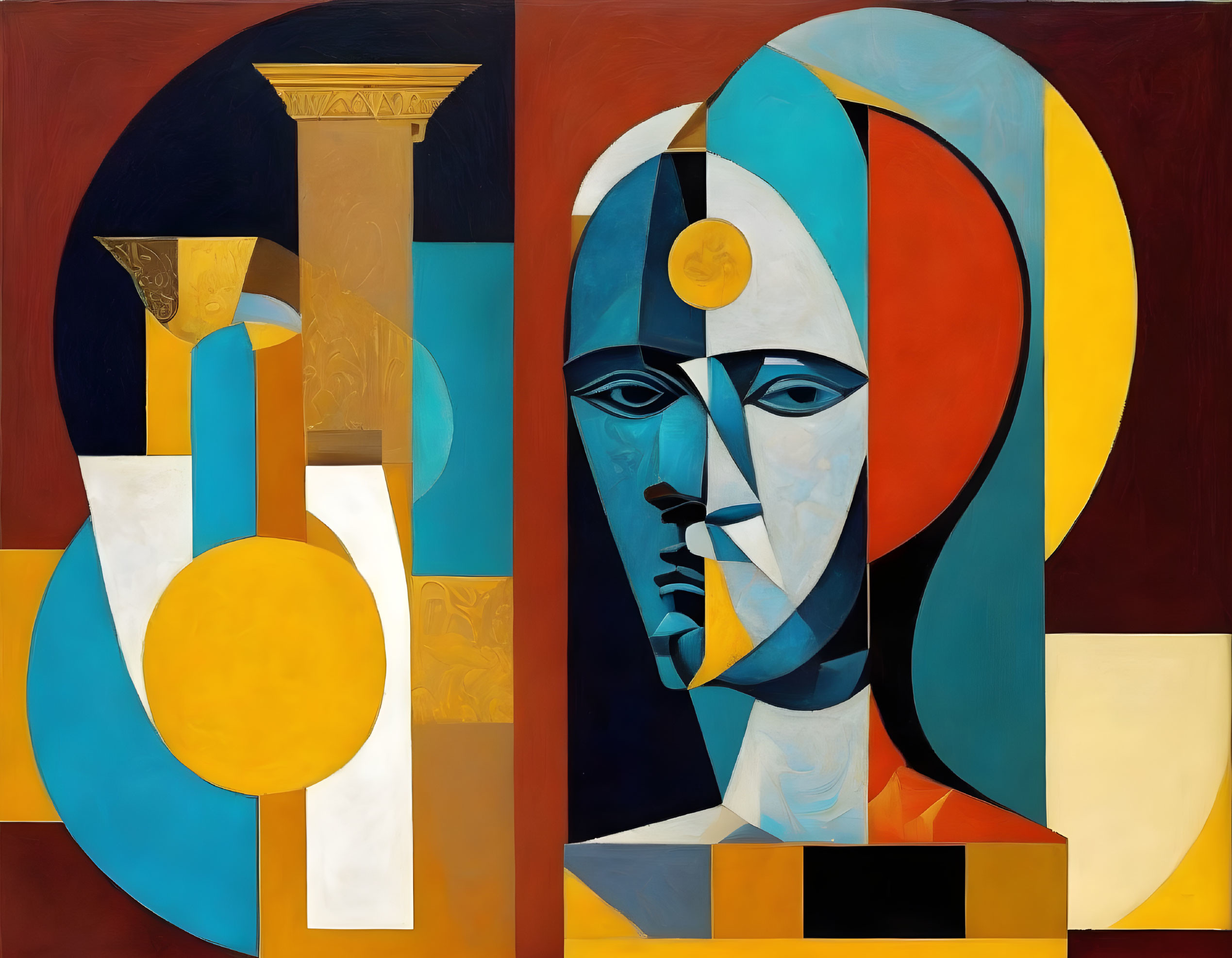 Cubist-style Split Face Portrait in Blue and Beige Tones