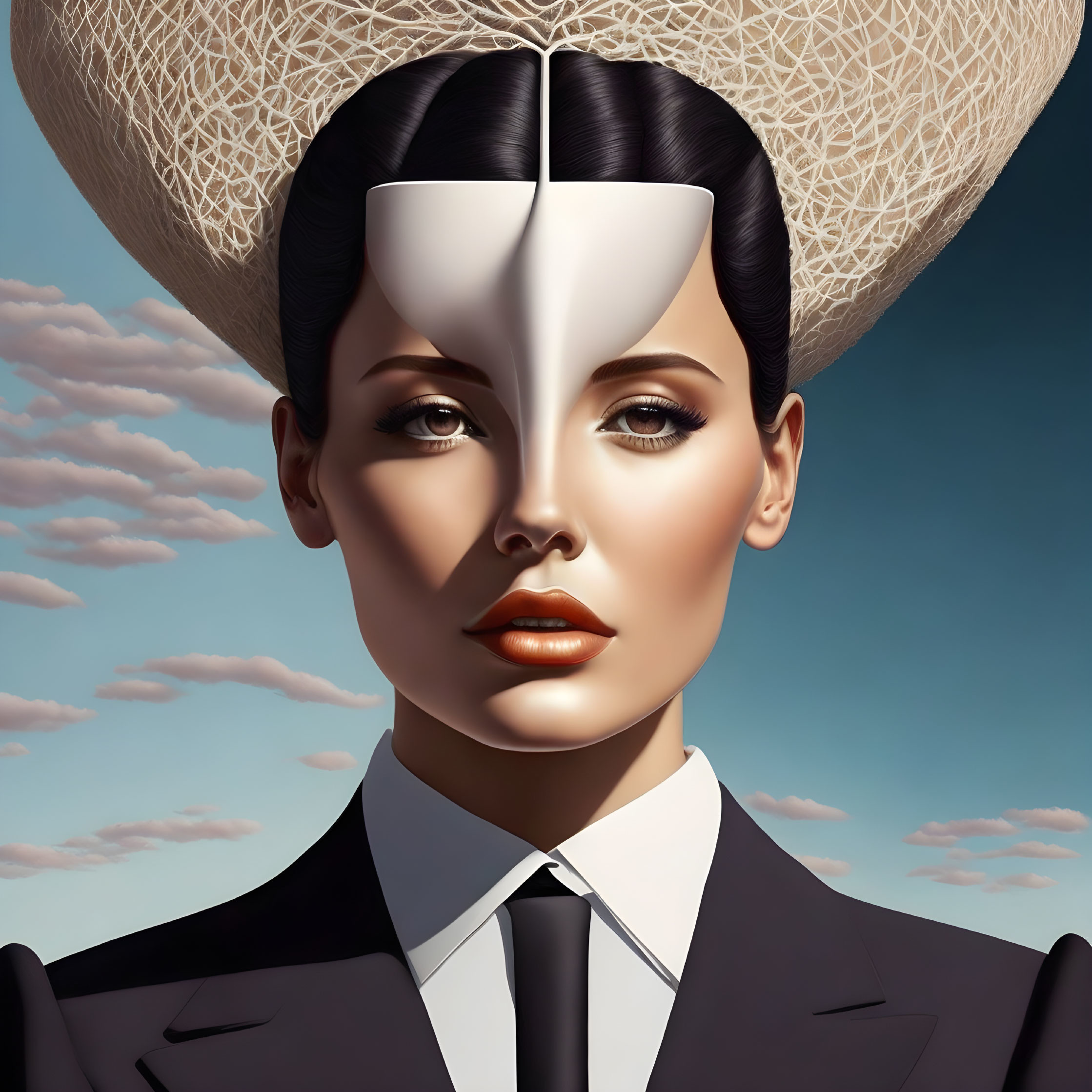 Stylized woman in suit and hat against cloudy sky portrait