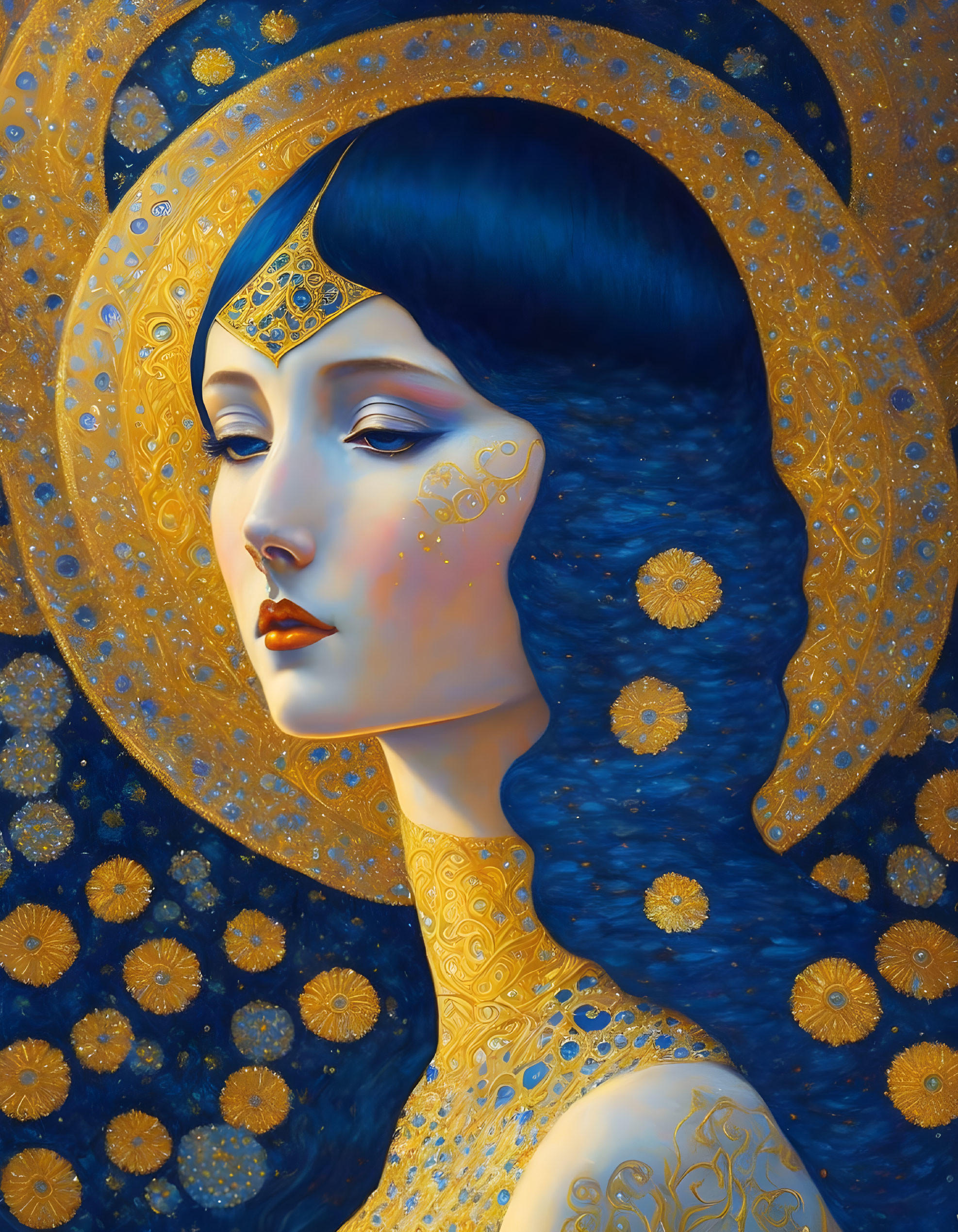 Profile of woman with blue hair and golden halo-like decorations on blue and gold background