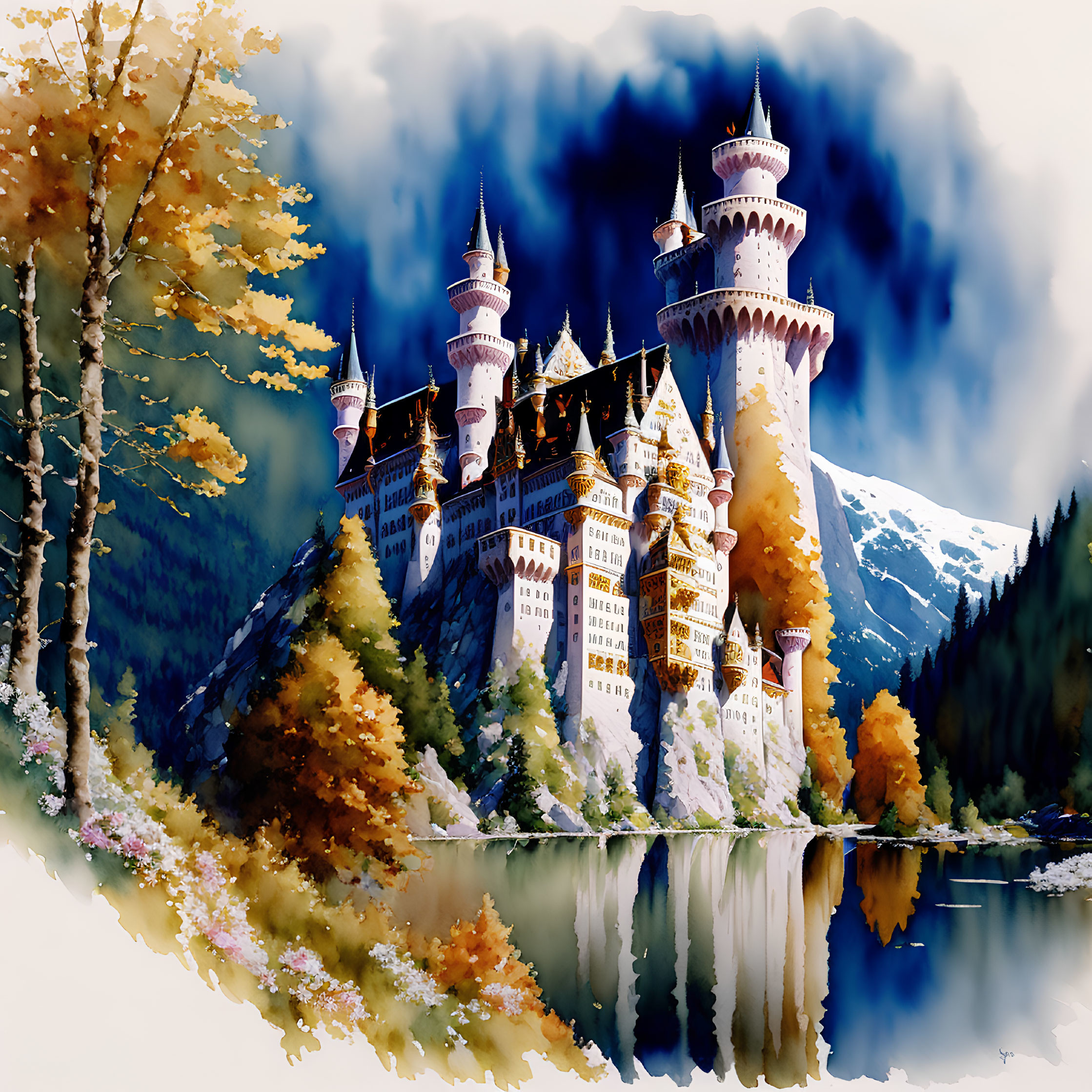 Fairytale castle with spires by tranquil lake amid autumn trees