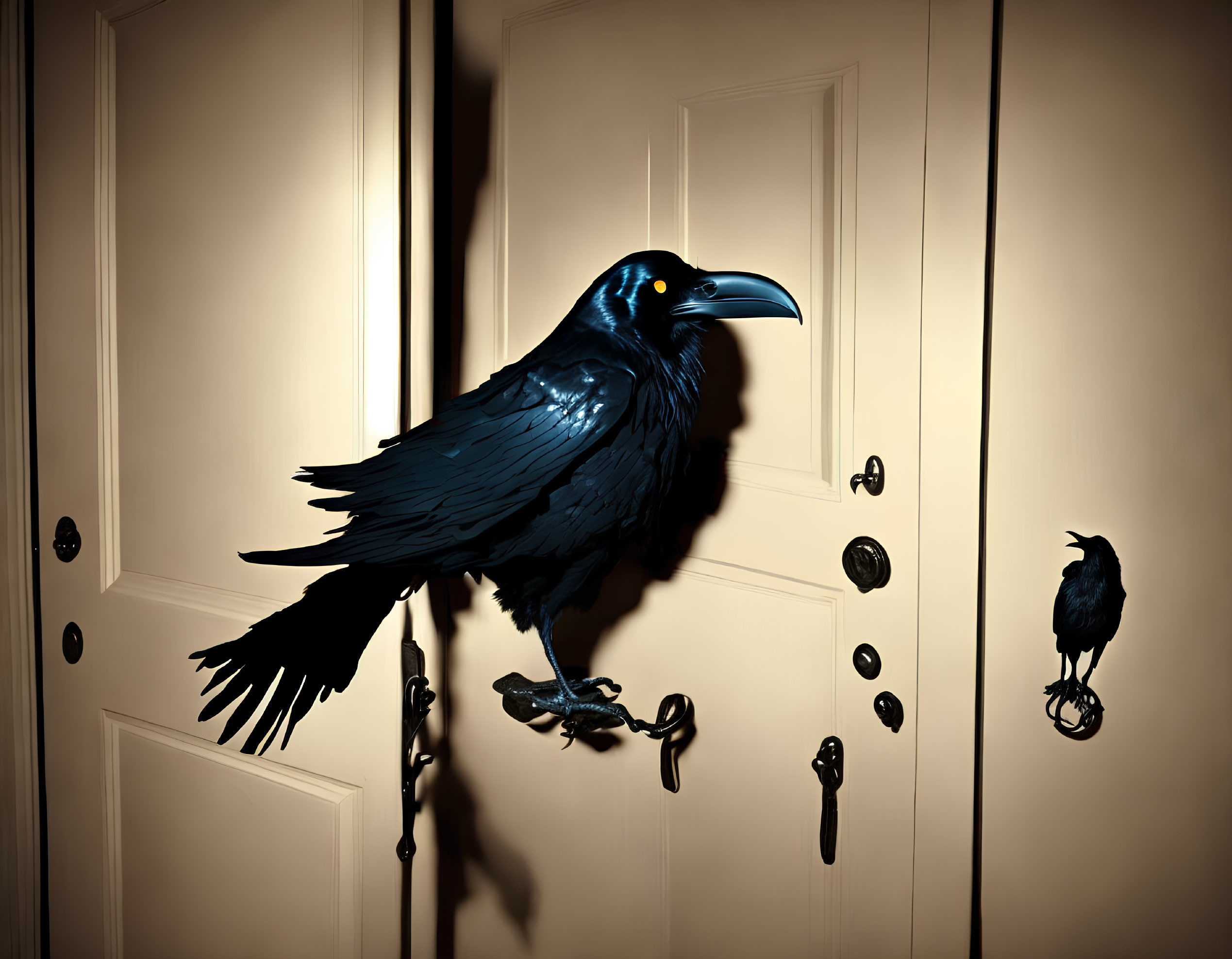 Two ravens casting shadows on light wooden doors