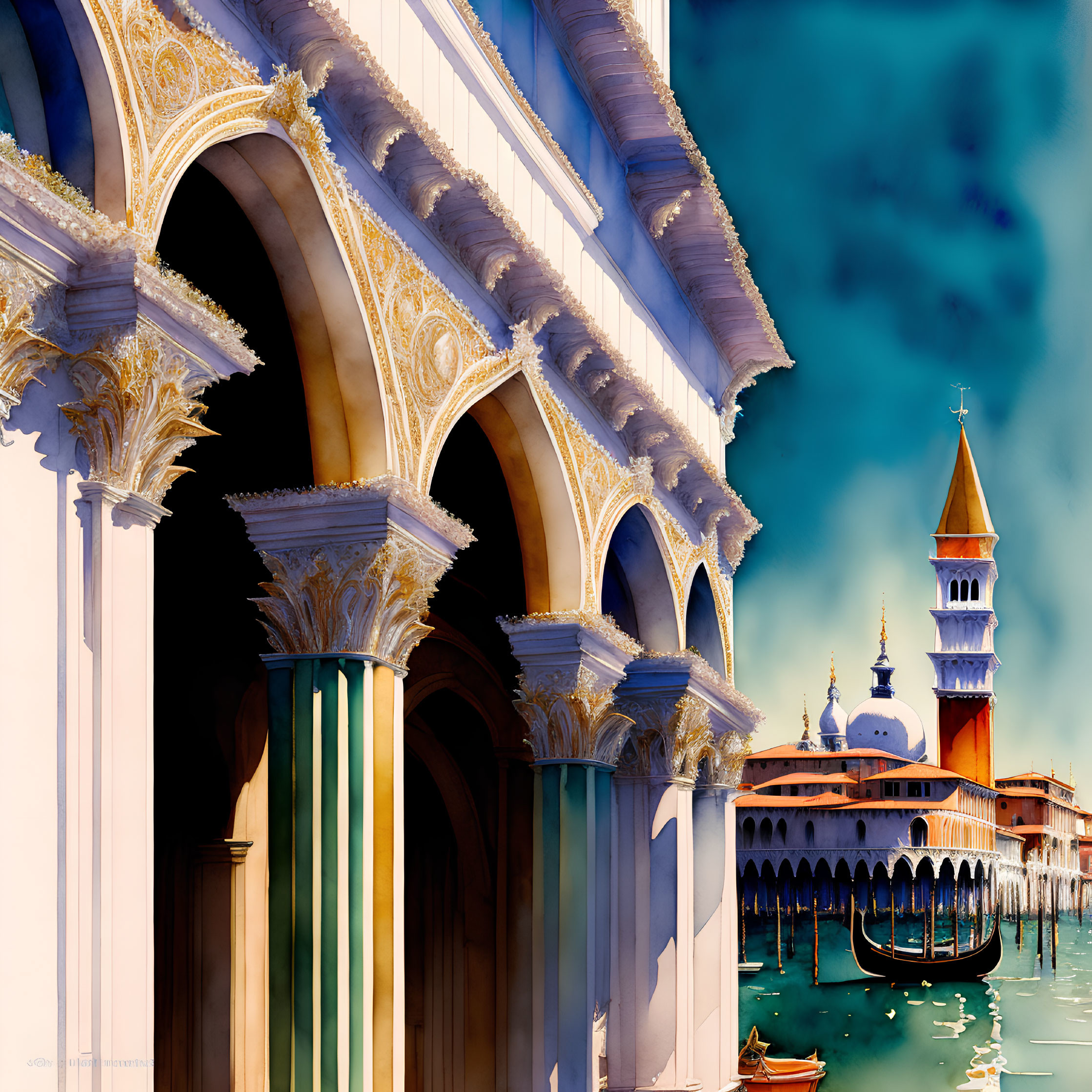 Venetian architecture with ornate columns, canal, gondolas, and bell tower.