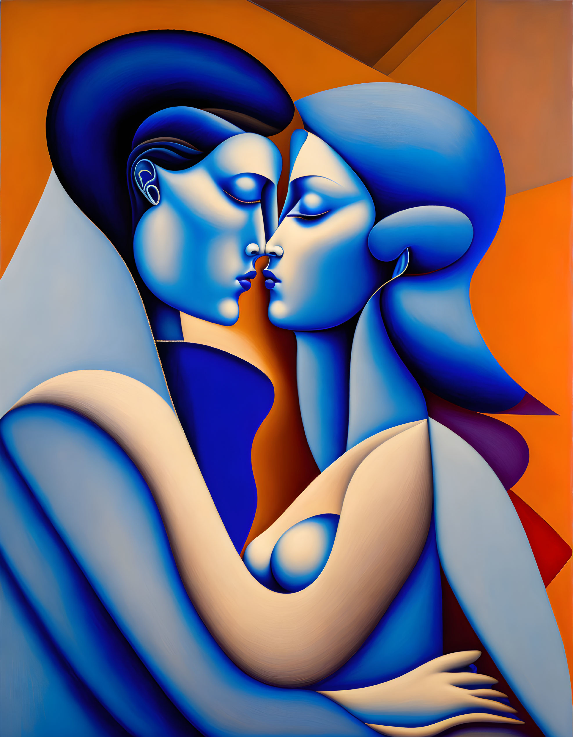 Blue-skinned figures embracing in Cubist art style on orange background