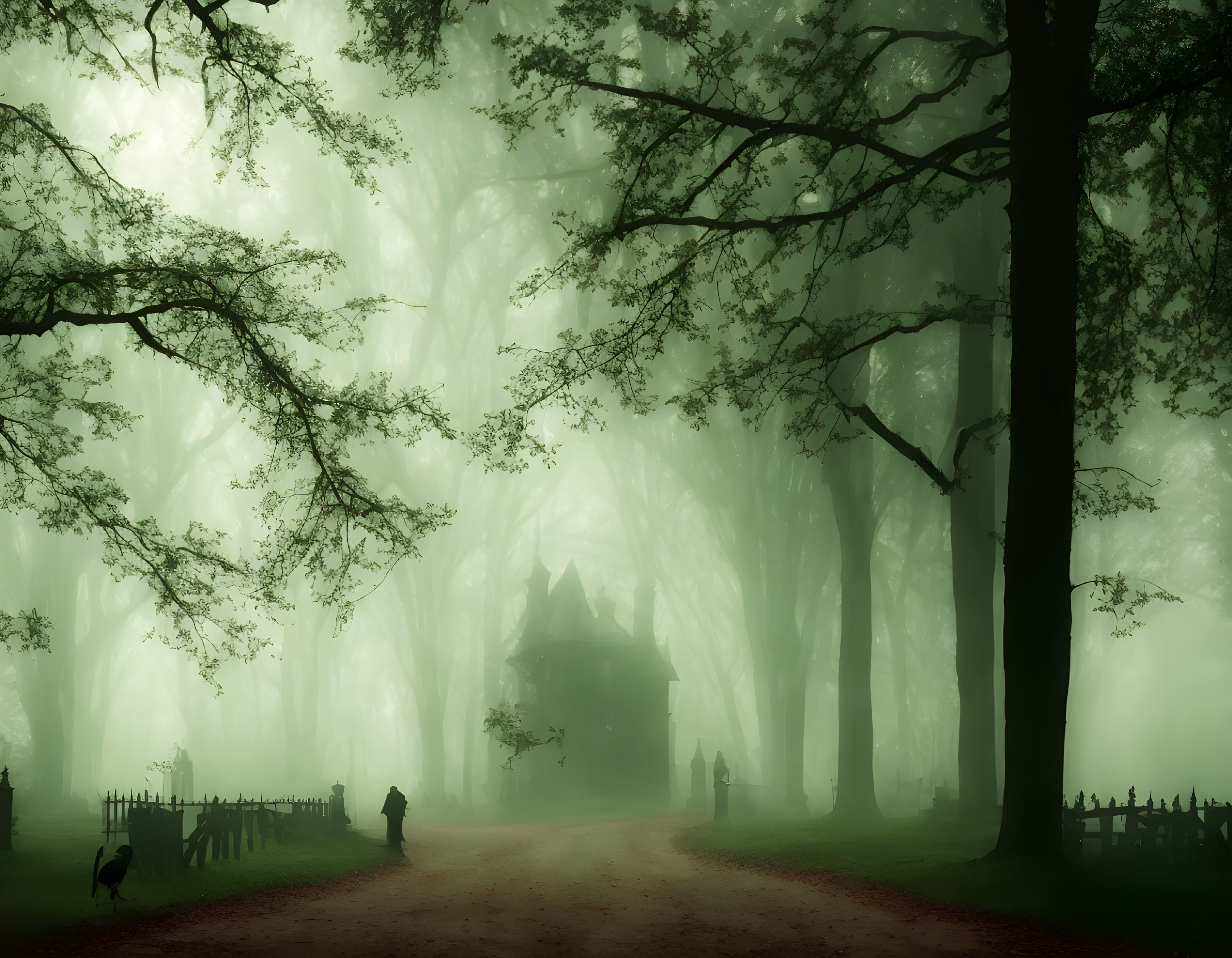 Misty forest scene with shadowy figure, dog, and distant house among towering trees.