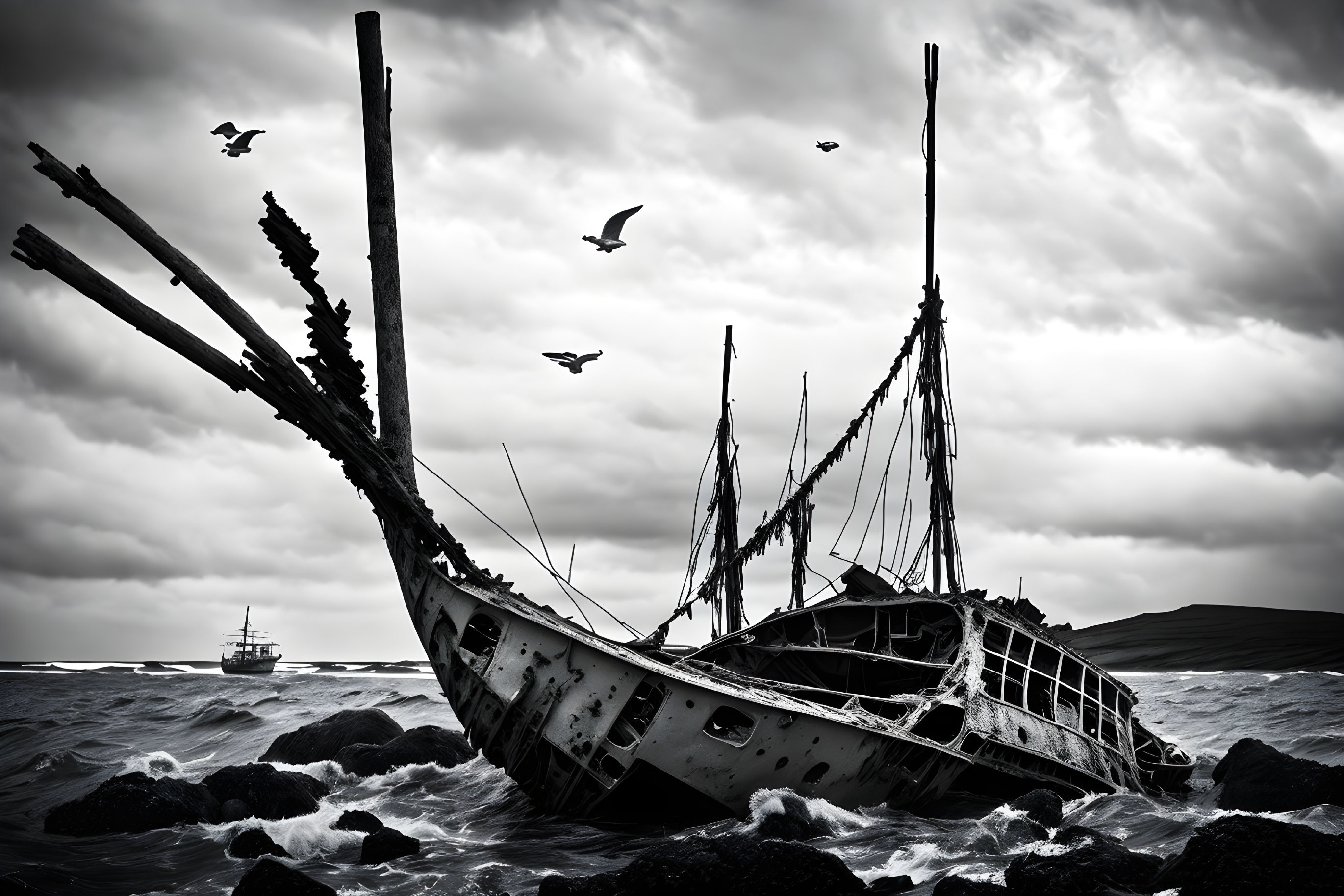 Monochrome shipwreck scene with birds, ship, and cloudy sky