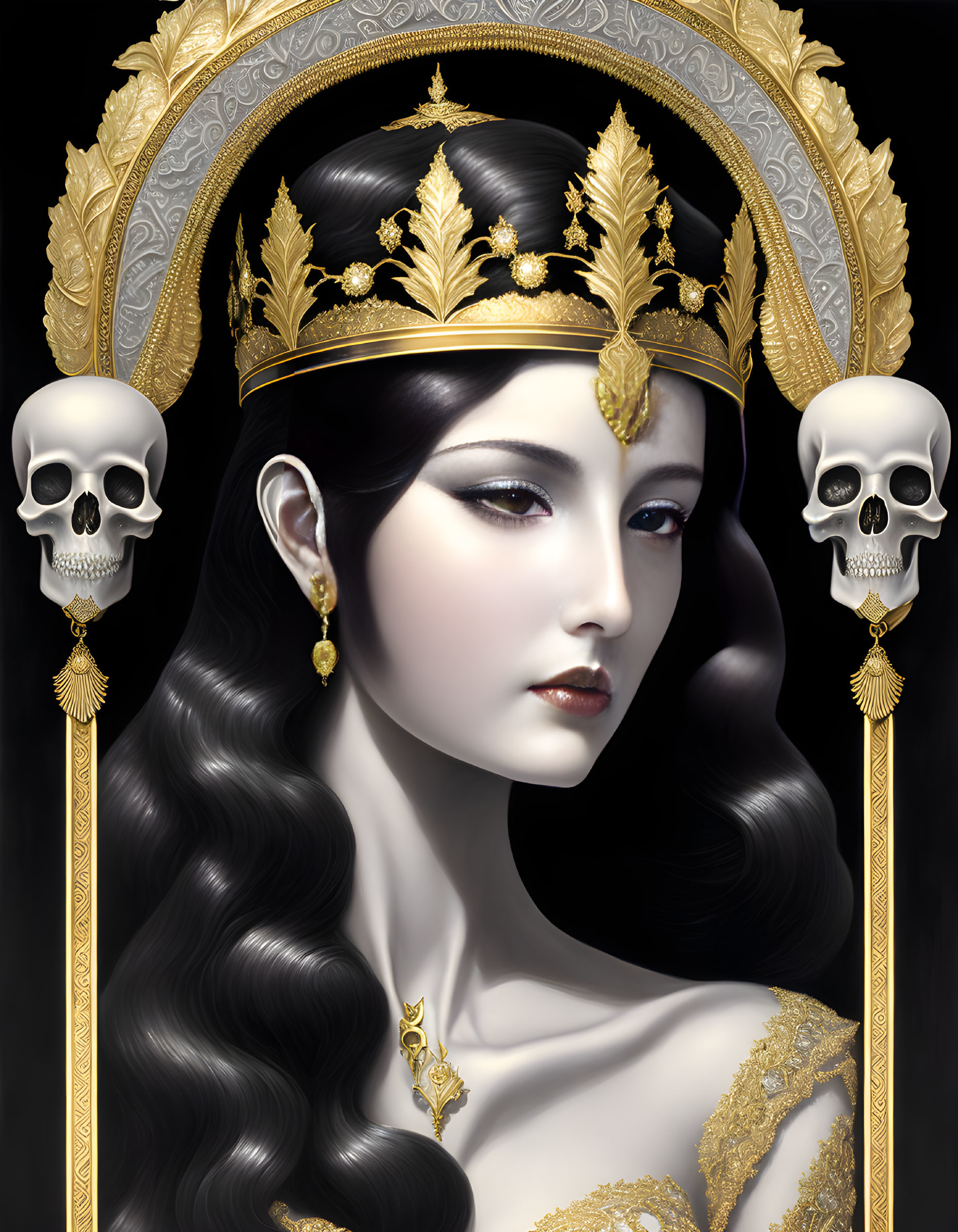 Illustrated portrait of woman with dark hair, wearing ornate gold crown and earrings, in gold-tr