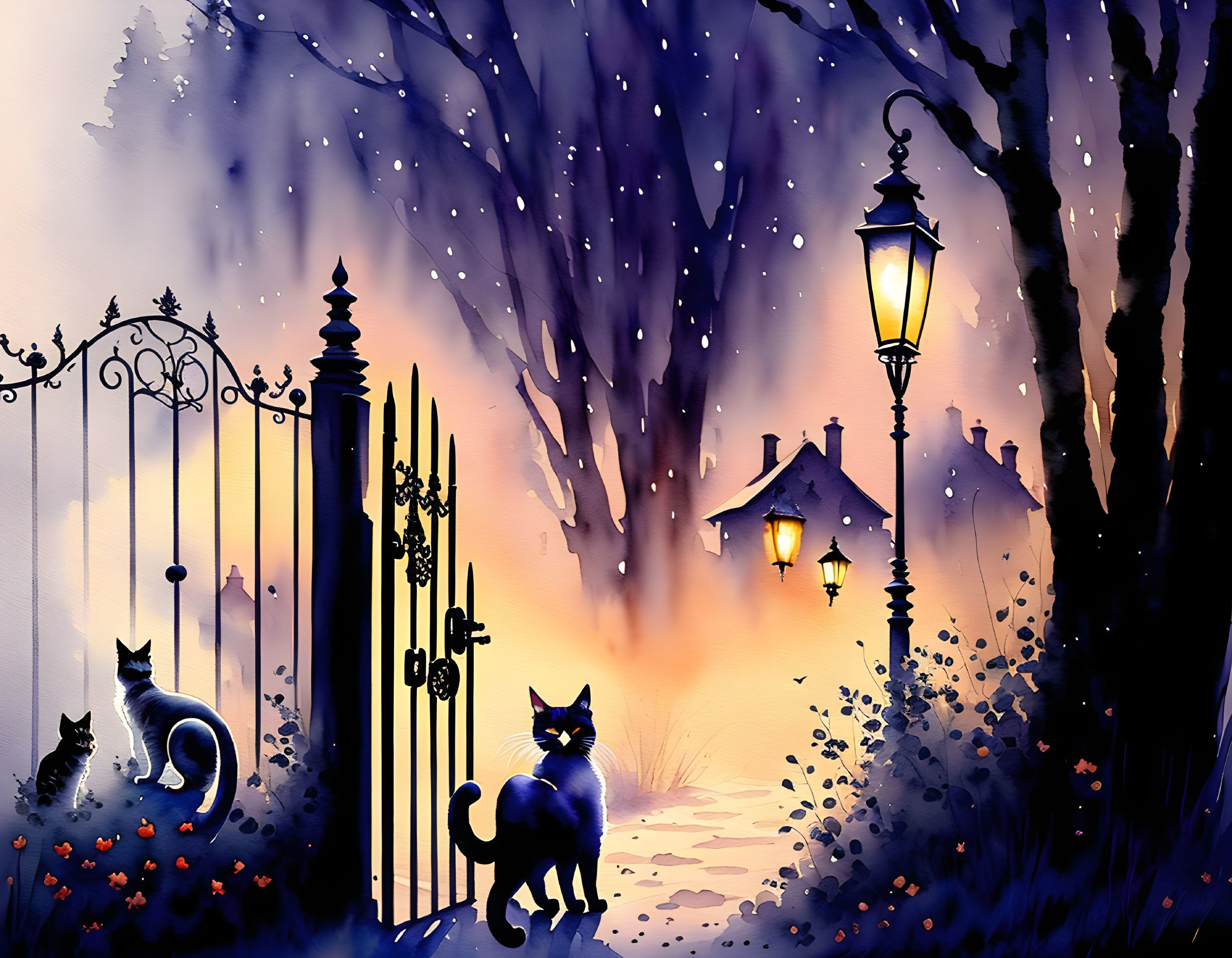 Illustration of three cats near ornate gate at dusk