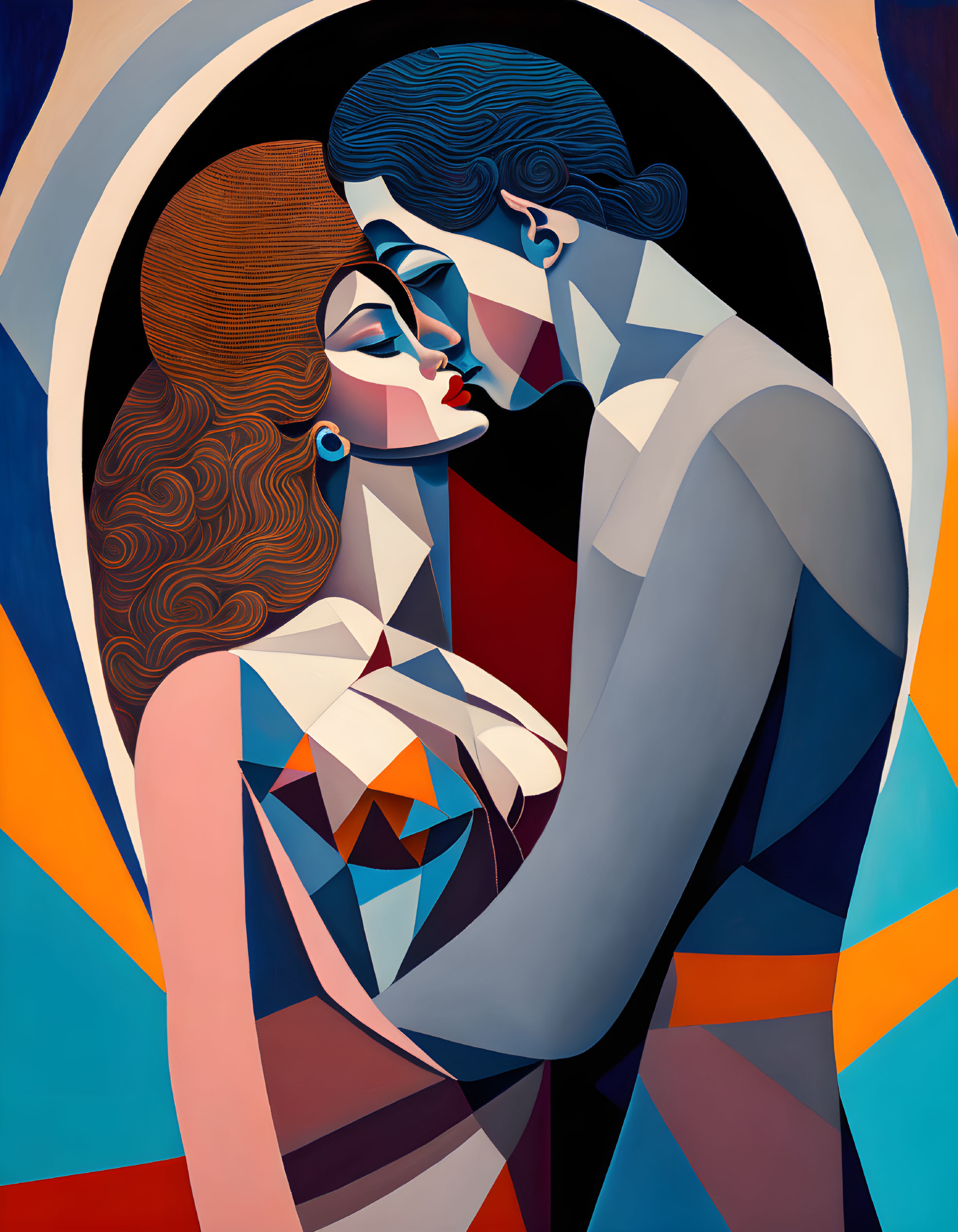 Vivid geometric abstract art: stylized couple embracing against arched backdrop