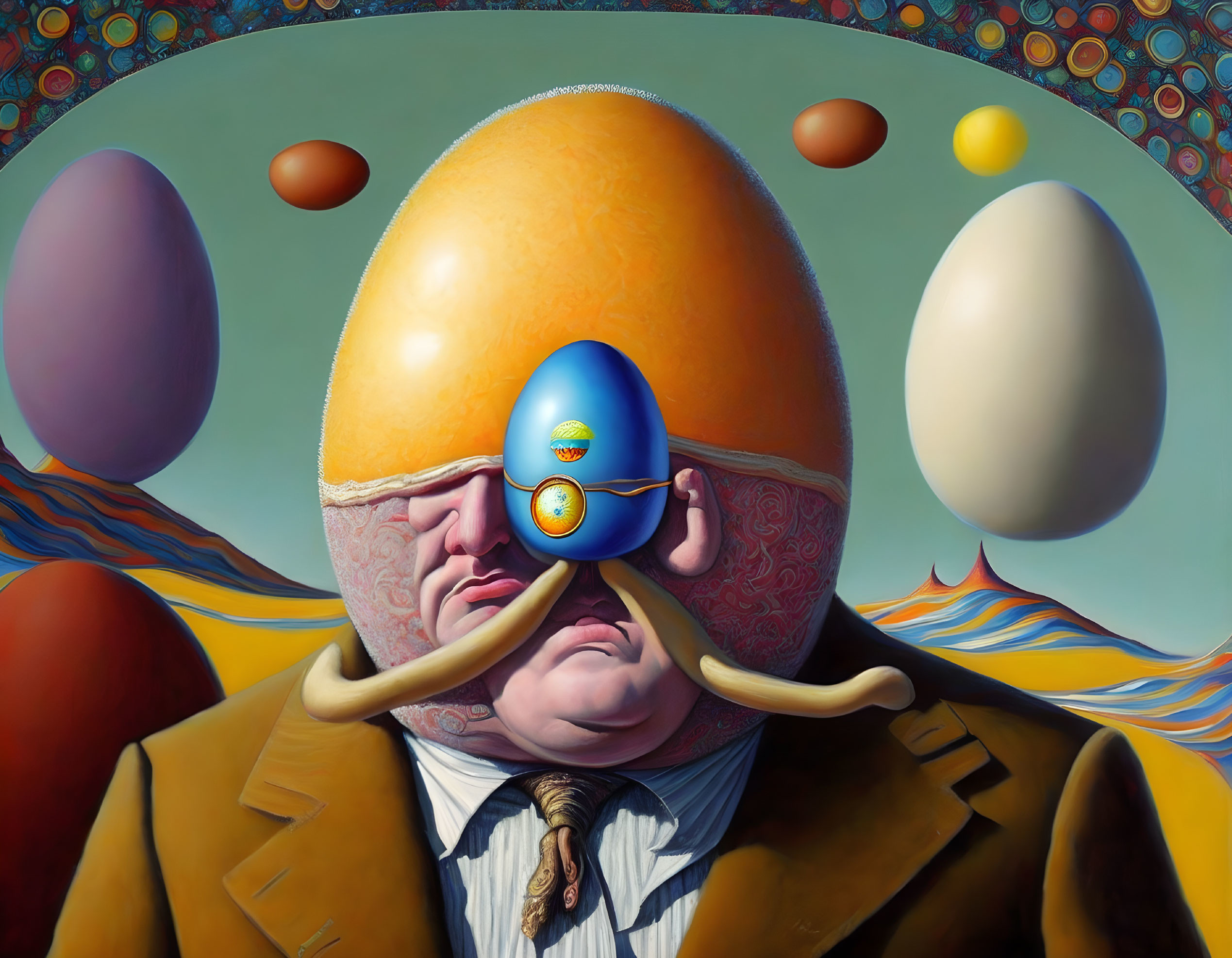 Surreal painting featuring man with egg head and miniature figure, set in abstract egg-filled landscape.