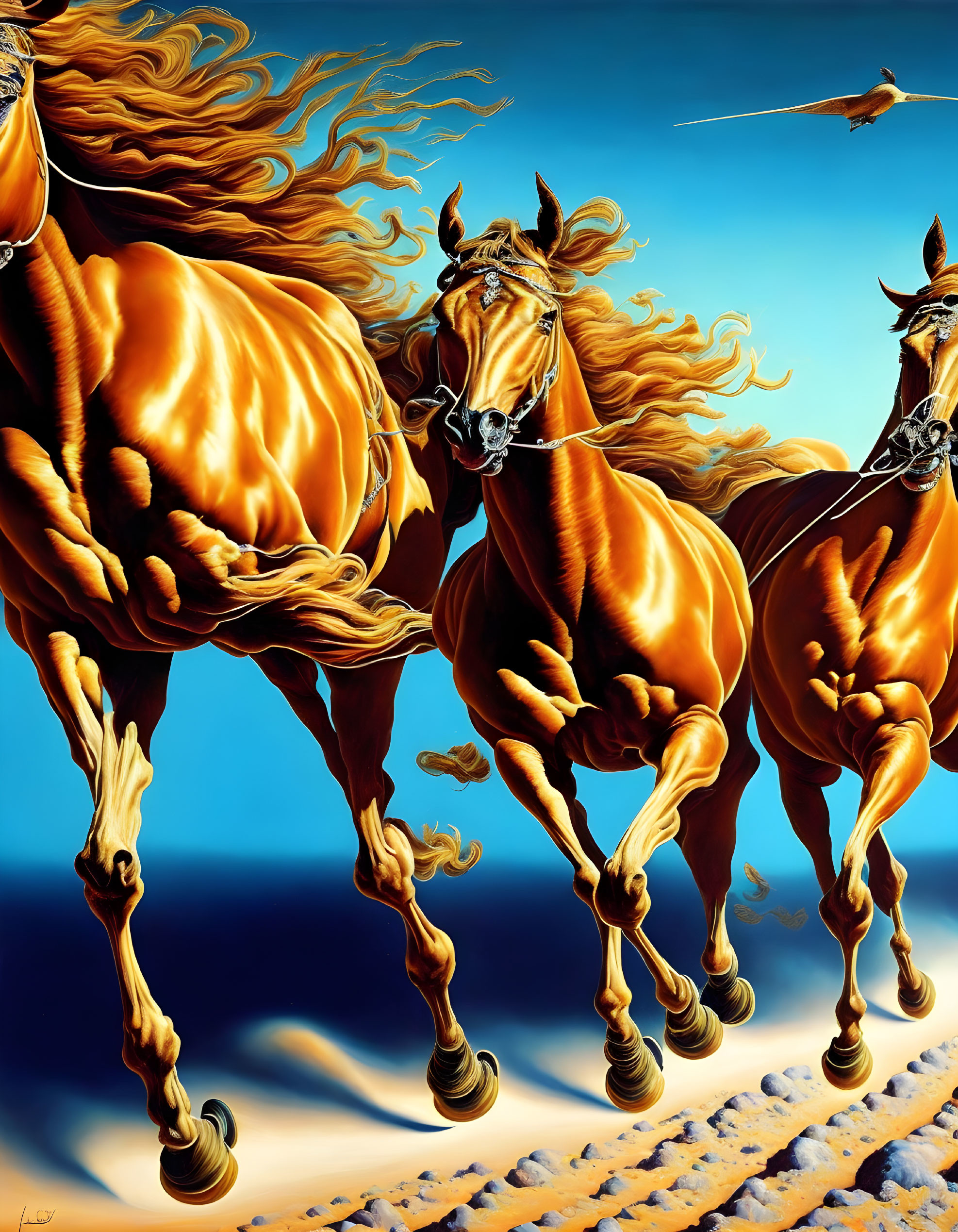 Majestic fiery-maned horses galloping in surreal blue landscape