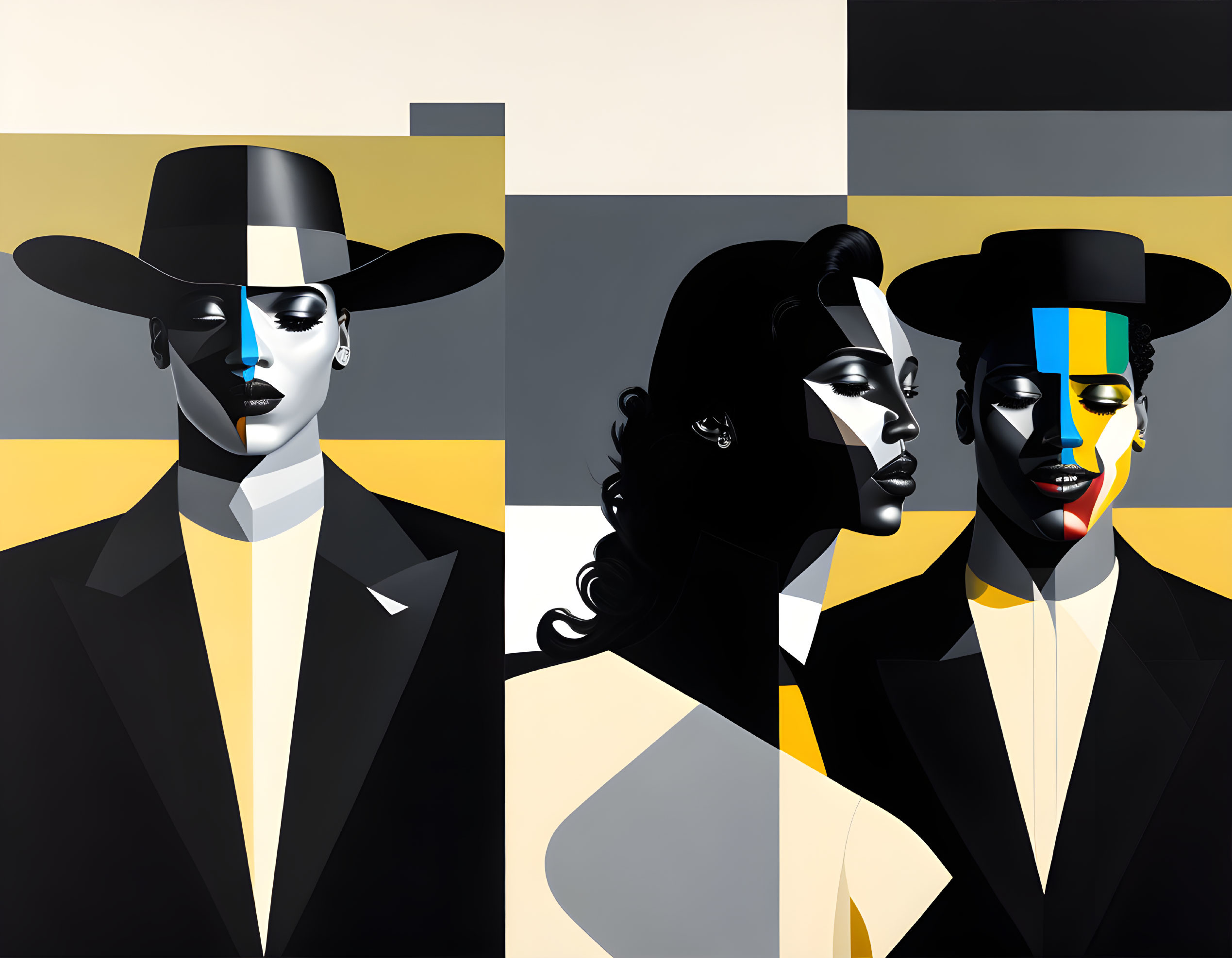 Abstract artwork with four stylized faces in suits and hats, divided by bold geometric shapes