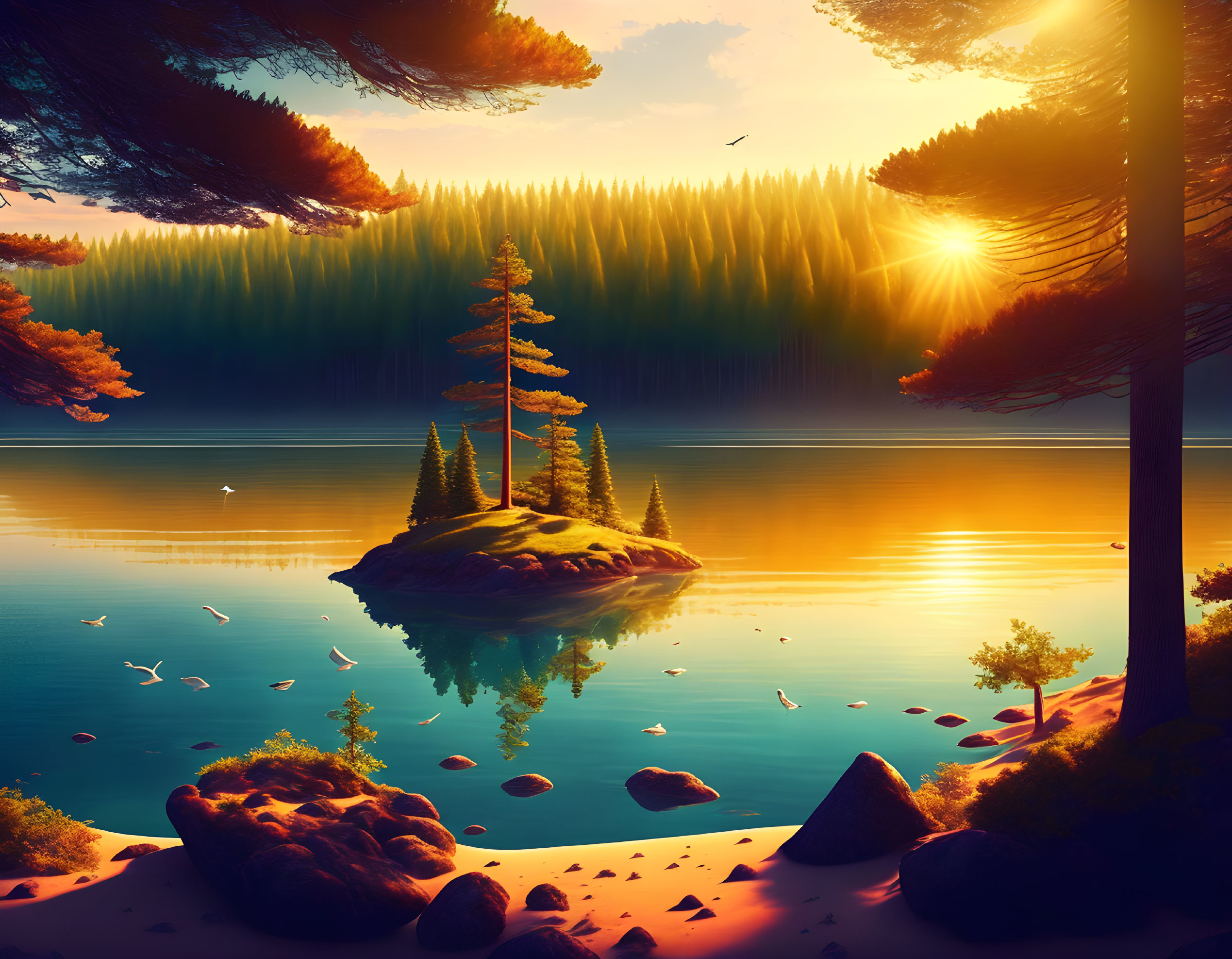 Tranquil sunset scene of lake with island and forest