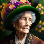 Elderly woman in green floral hat and vintage dress with floral background