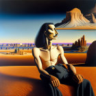 Surreal painting of muscular figure in desert landscape