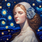 Stylized portrait of woman with starry headset in Van Gogh-inspired background