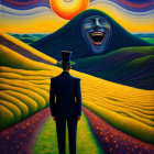 Surreal illustration of man in suit with screaming mountain face