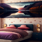 Modern Bedroom with Double Bed, Purple Bedding, Sunset Wall Mural, and Elegant Lamps