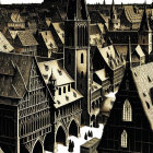 Detailed Sepia-Toned European Medieval Town Illustration