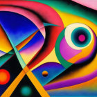 Colorful Abstract Painting with Swirling Geometric Shapes and Circular Accents