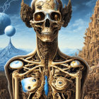 Detailed surreal artwork: skeletal figure in fantasy landscape