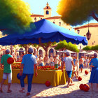 Historical marketplace scene with traditional attire and fruit stalls under a blue canopy