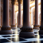 Luxurious Hall with Checkered Floor, Towering Columns, and Ornate Thrones