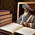 Renaissance-era gentleman in 3D animation emerges from open book