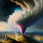 Hyper-realistic painting of swirling supercell thunderstorm over serene cityscape and coastline at sunset