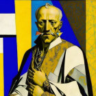 Cubist-style painting of man in historical dress with geometric background