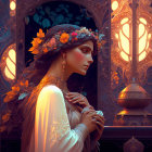 Woman in floral crown gazes through ornate window in warm light