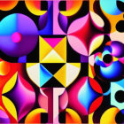 Colorful Abstract Painting with Geometric and Organic Shapes in Blue, Yellow, Purple, and Red