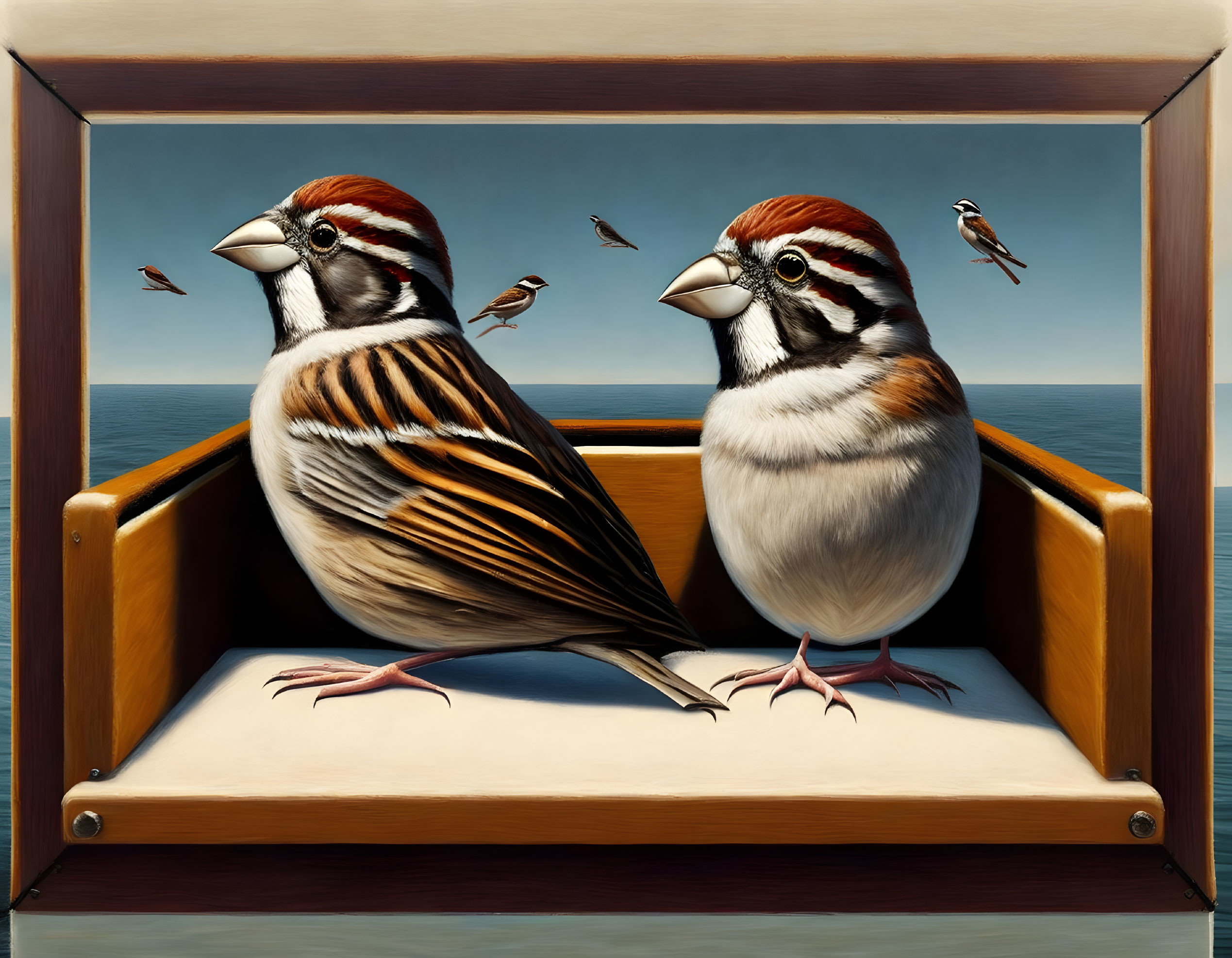 Realistic sparrows on wooden frame with ocean background