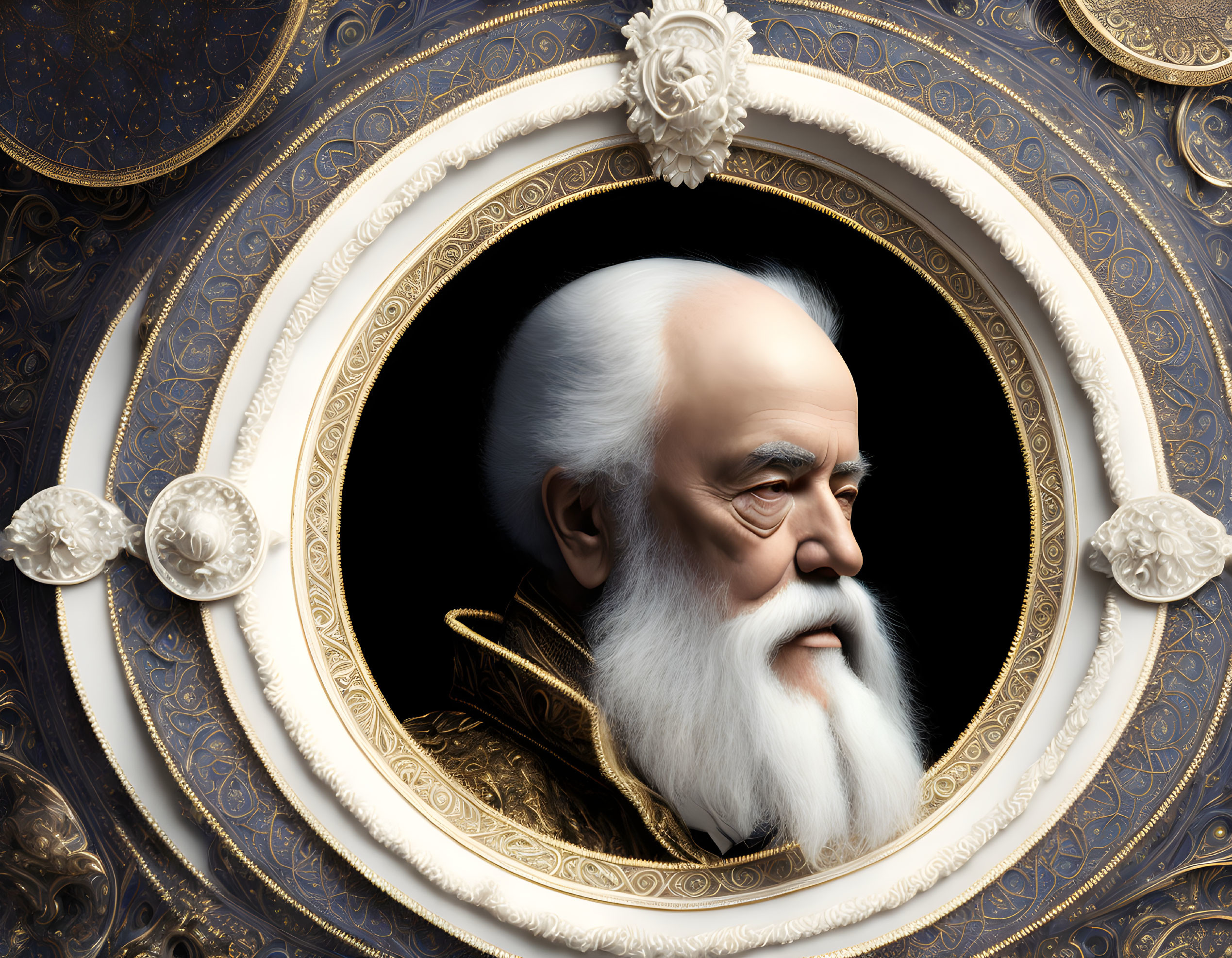 Detailed Illustration of Elderly Bearded Man in Regal Pose within Ornate Circular Frame