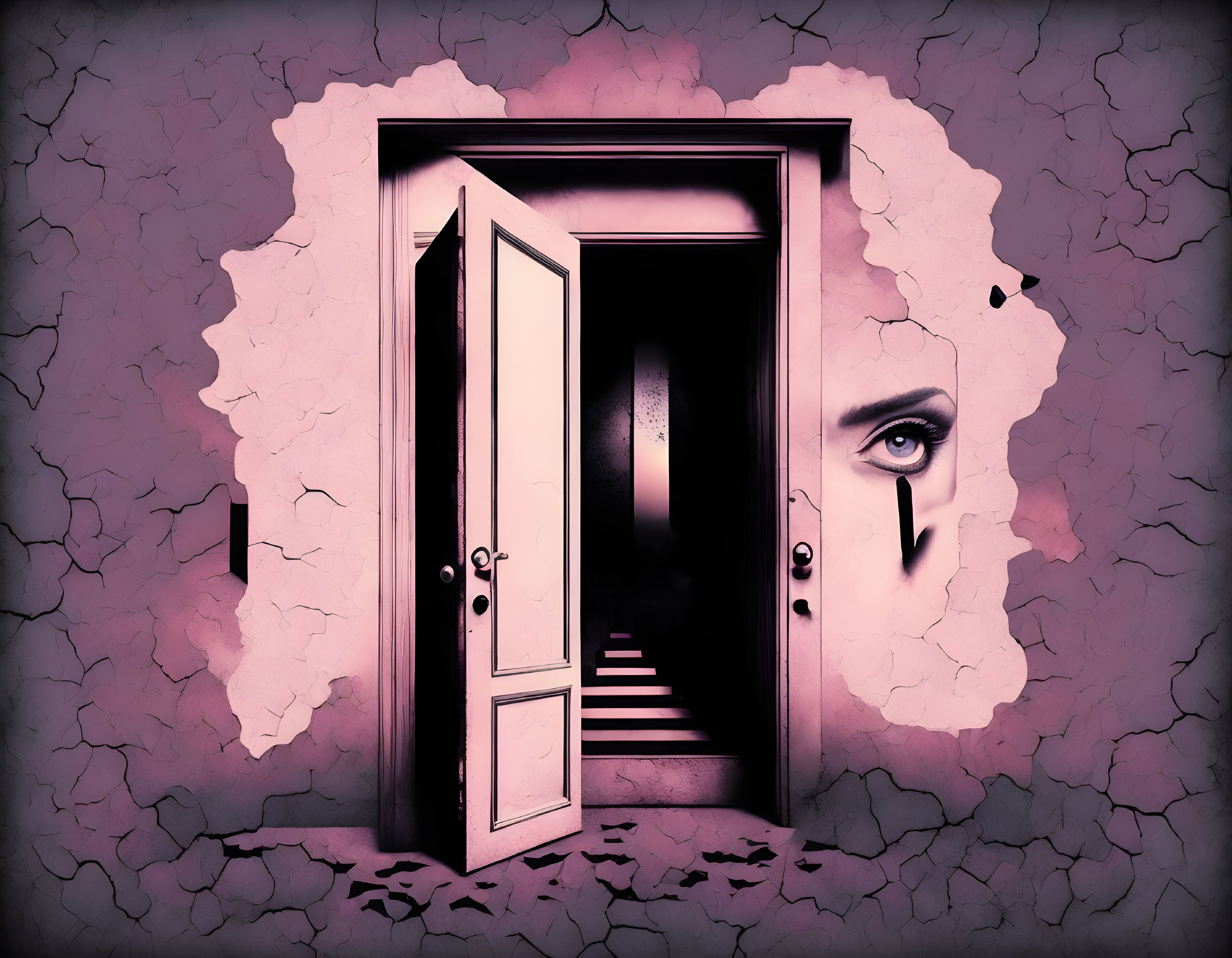 Surreal cracked purple wall with open door and woman's eye and eyebrow.