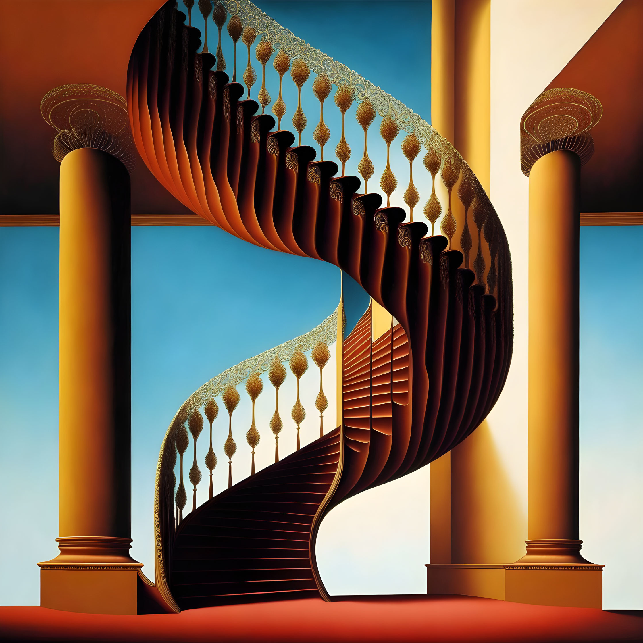 Surreal looping staircase between columns under blue sky