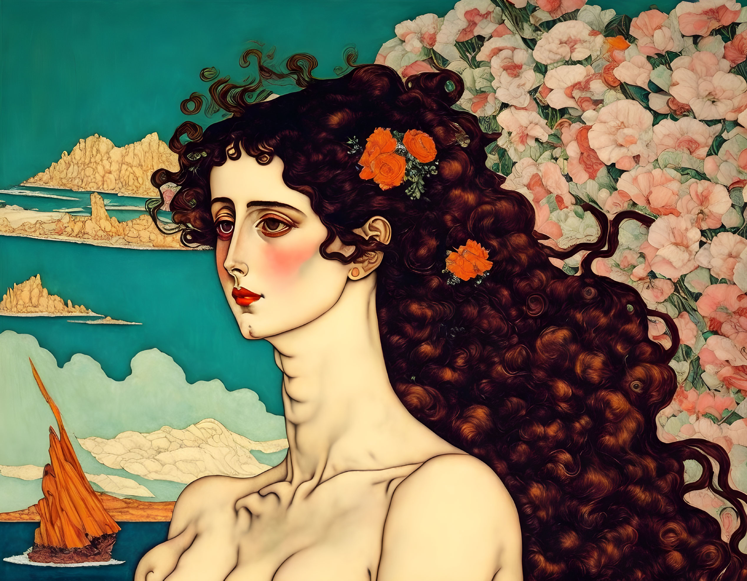 Stylized portrait of woman with curly hair, flowers, sea, cliffs, and sailboat